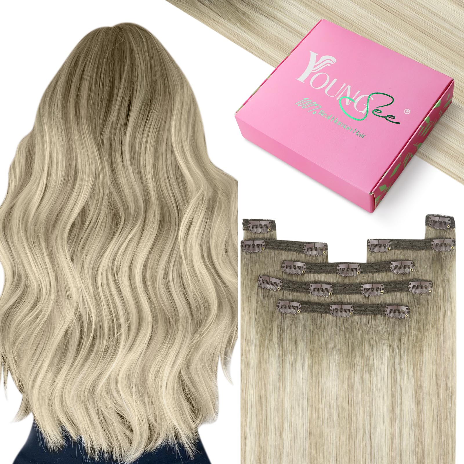 YoungSee 135g Clip in Hair Extensions Human Hair Ombre Lace Clip in Human Hair Extensions Ash Blonde Ombre Sunkissed Blonde Clip