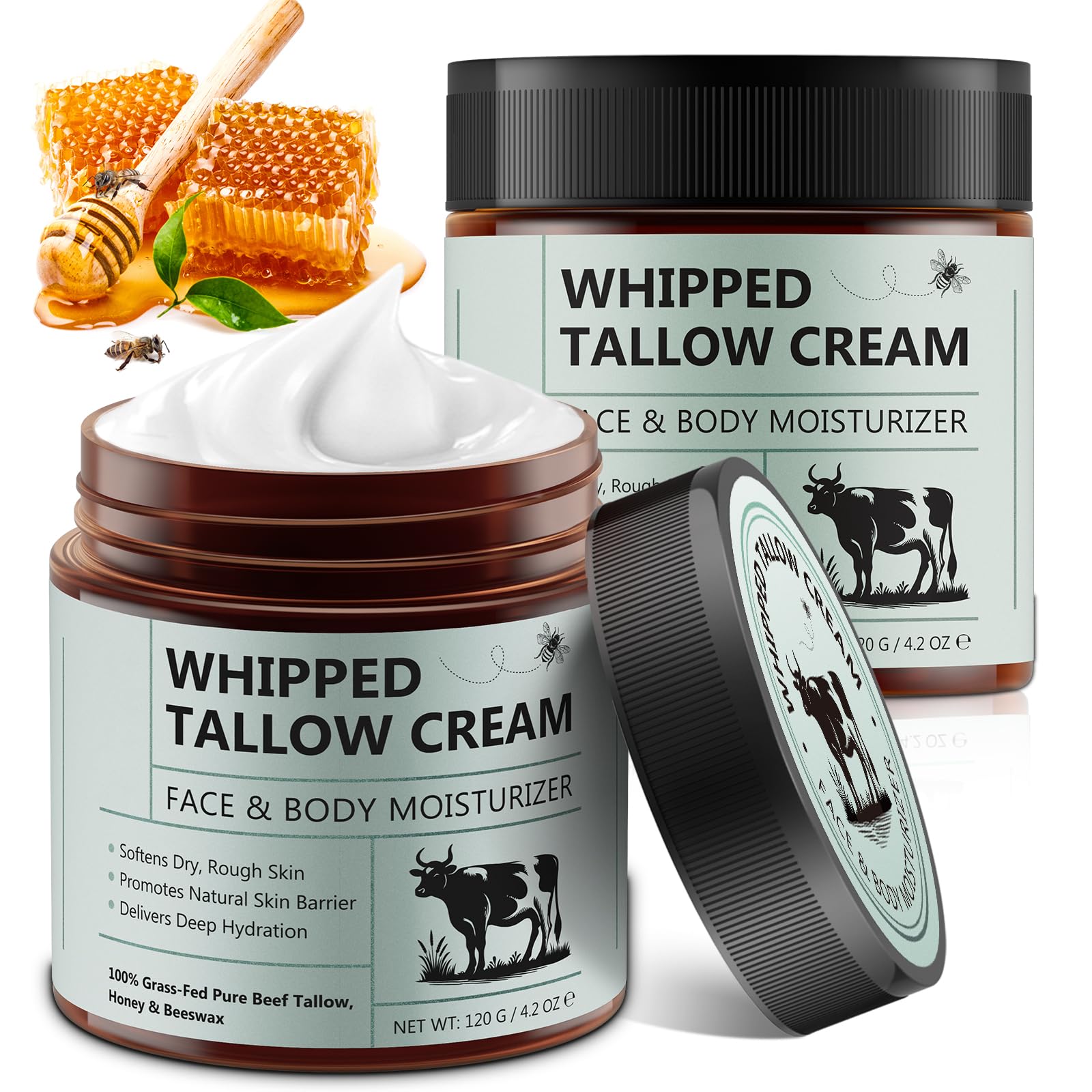 Beef Tallow for Skin, 2PCS Tallow and Honey Balm, Beef Tallow for Face, Organic Grass Fed Whipped Beef Tallow with Honey Beeswax