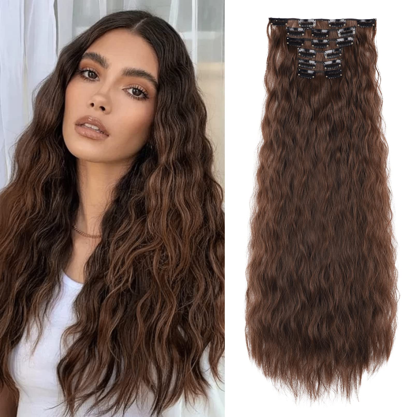 LONAI 6PCS Clip In Hair Extensions 24'' Dark Chocolate Brown Hair Extension Long Mermaid Waves Synthetic Hairpiece For Women Nat