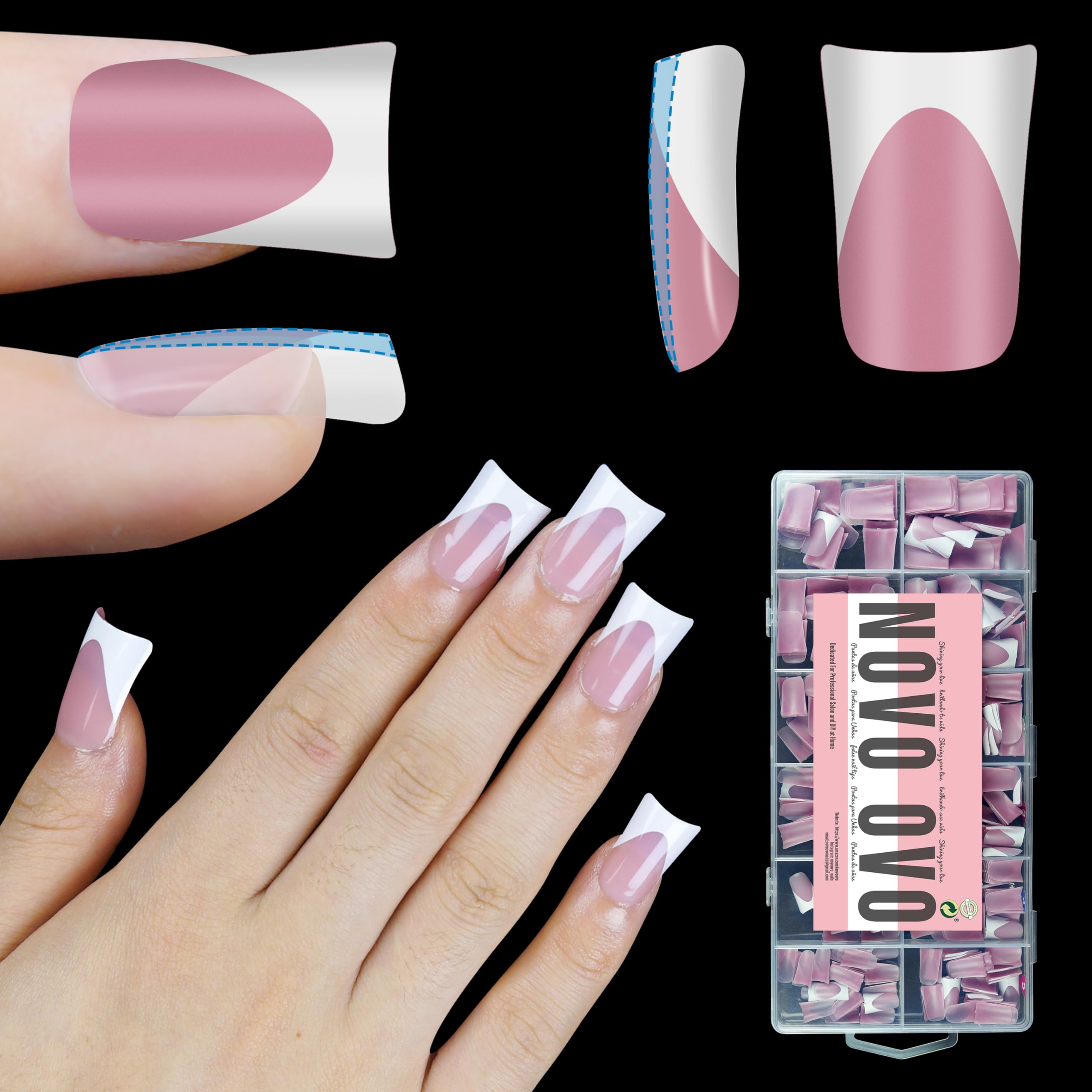 NOVO OVO White French Tip Short Duck Nail Tips Press on, BERRY PINK Pre-designed Soft Gel Nail Extension, Extra thick Full Cover