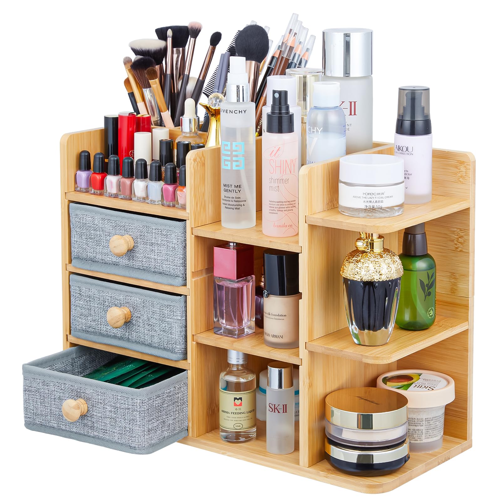 Makeup Organizer Countertop, Cosmetic Skincare Organizers With 3 Makeup Brush Holders/3 Drawers/7 Storage Shelves, Elegant Bambo