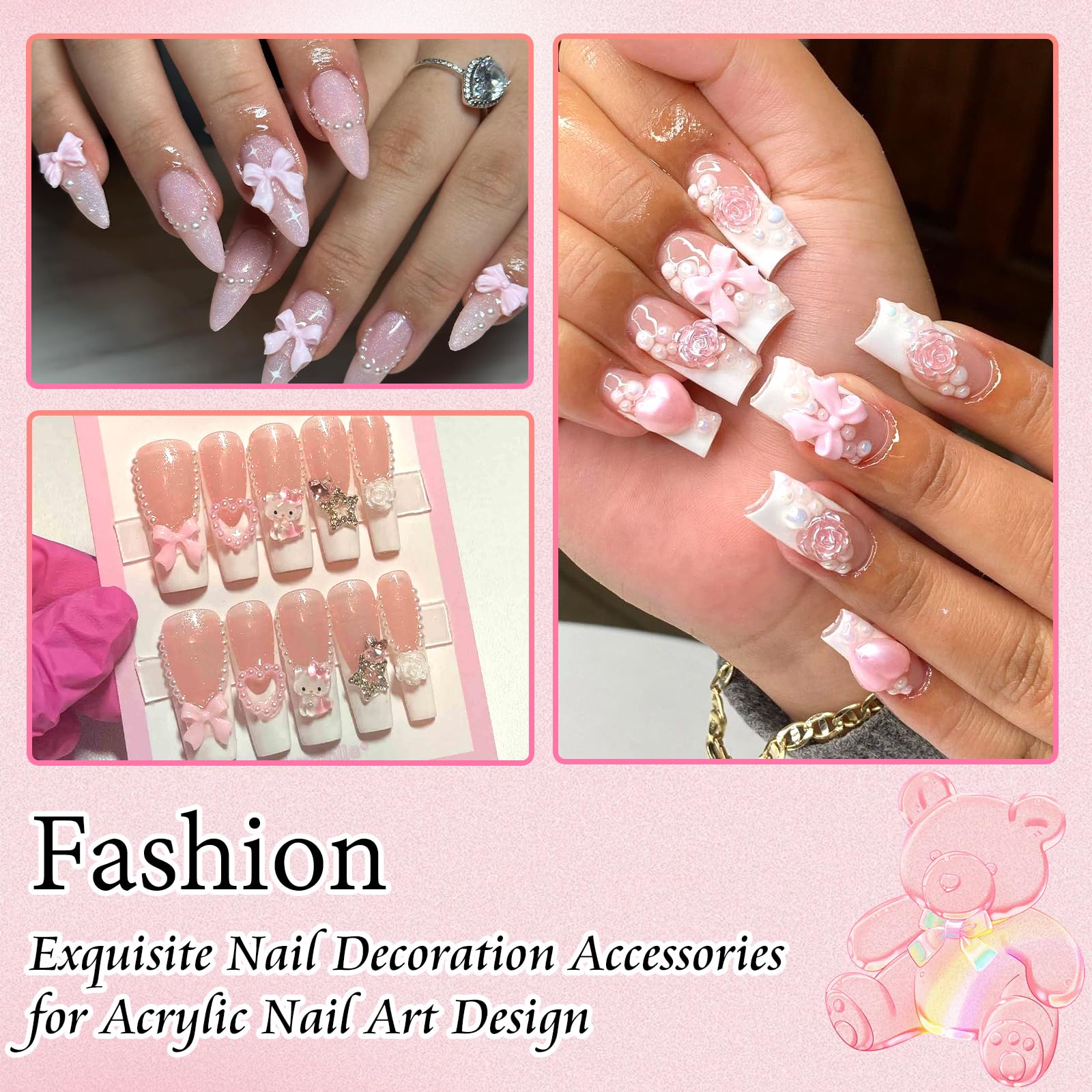 300Pcs Bow Nail Charms And Flatback Pearls,Pink Bowknot 3D Cute Nail Charms For Acrylic Nail Supplies Design,3-5Mm White Half Pe