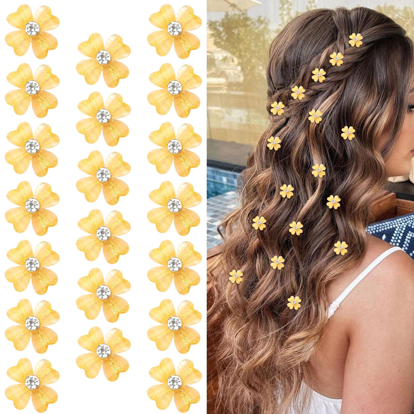 Wecoe 20 Pcs Small Yellow Flower Hair Accessories - Tiny Mini Decorative Bling Four Petals Clips for Toddlers, Kids, Women, and 