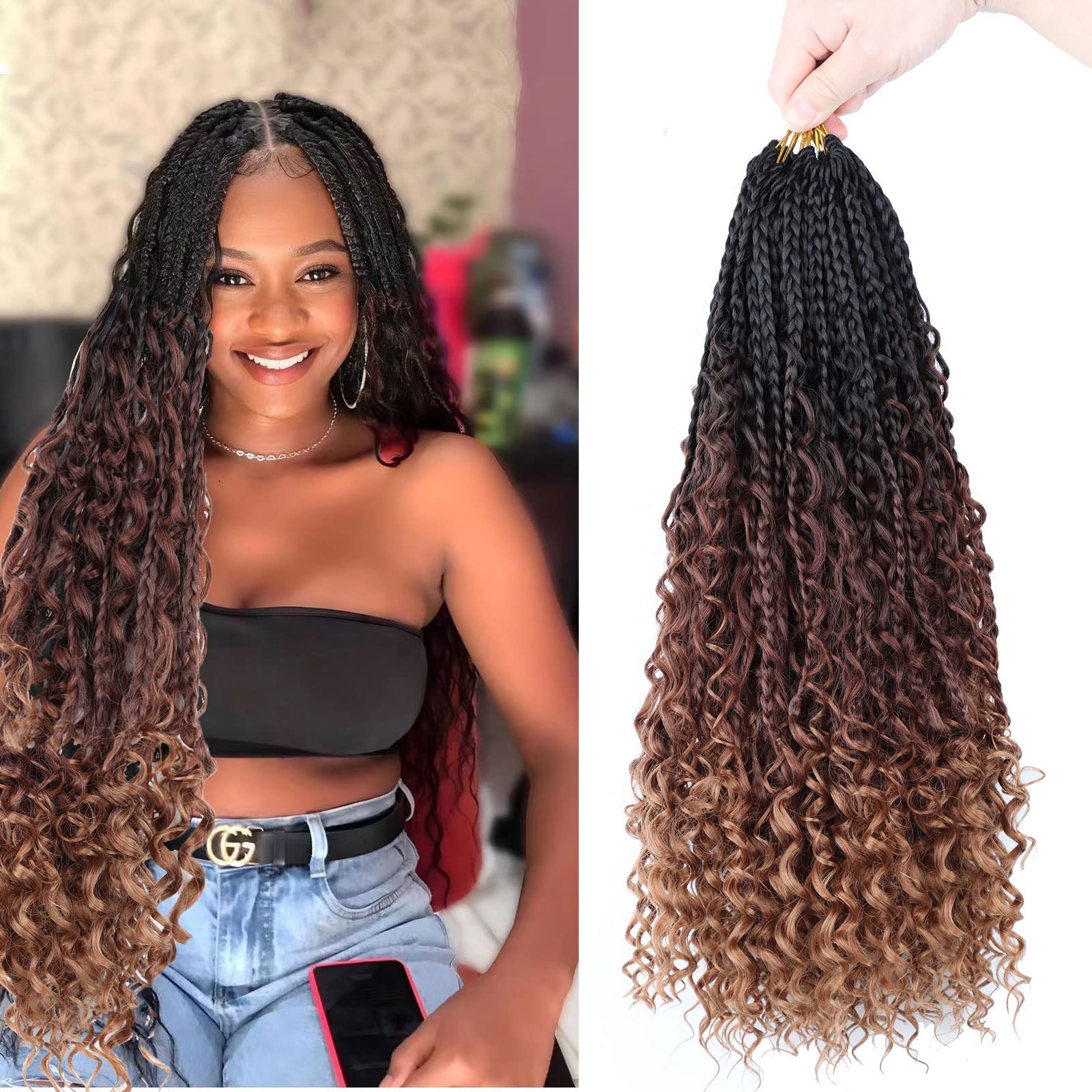 LMZIM 18 Inch 8 Packs Box Braids Crochet Hair Bohemian Crochet Box Braids with Curly Ends Hippie Braids Goddess Box Braids Synth