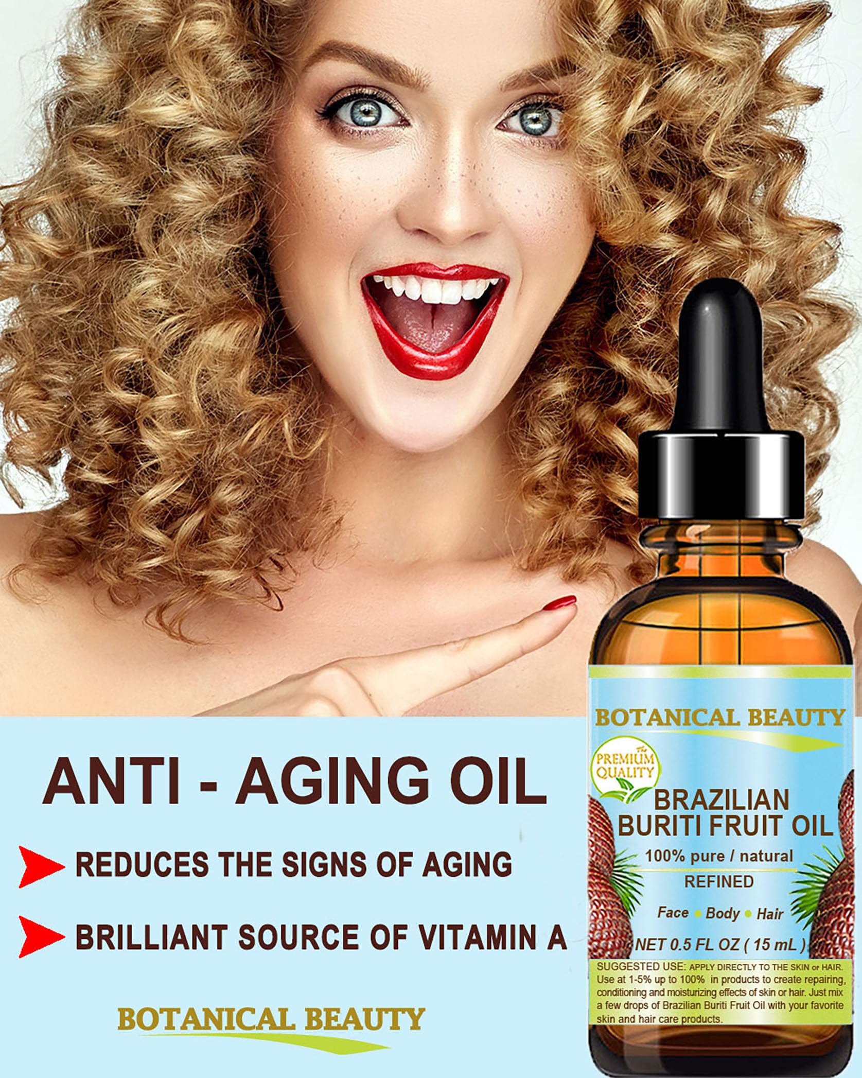 Brazilian Buriti Fruit Oil Pure Natural Virgin Refined Cold Pressed Carrier Oil Undiluted 0.5 Fl.Oz- 15 Ml For Face, Body, Hair,