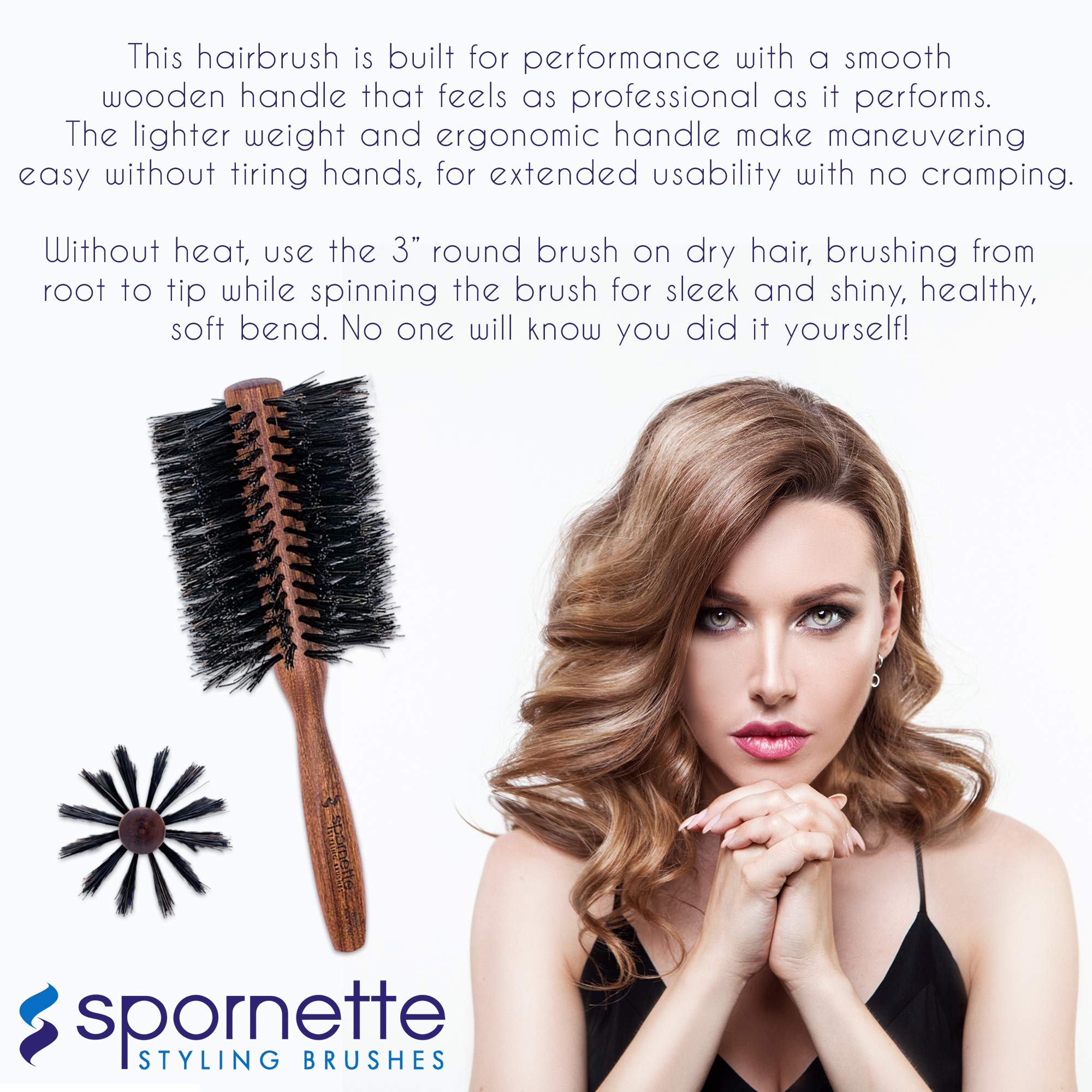 SPORNETTE Italian Boar Bristle Round Hair Brush - Large 3 Inch for Blow Drying & Styling - Brown, Model 855, Ideal for Medium to Long Hair