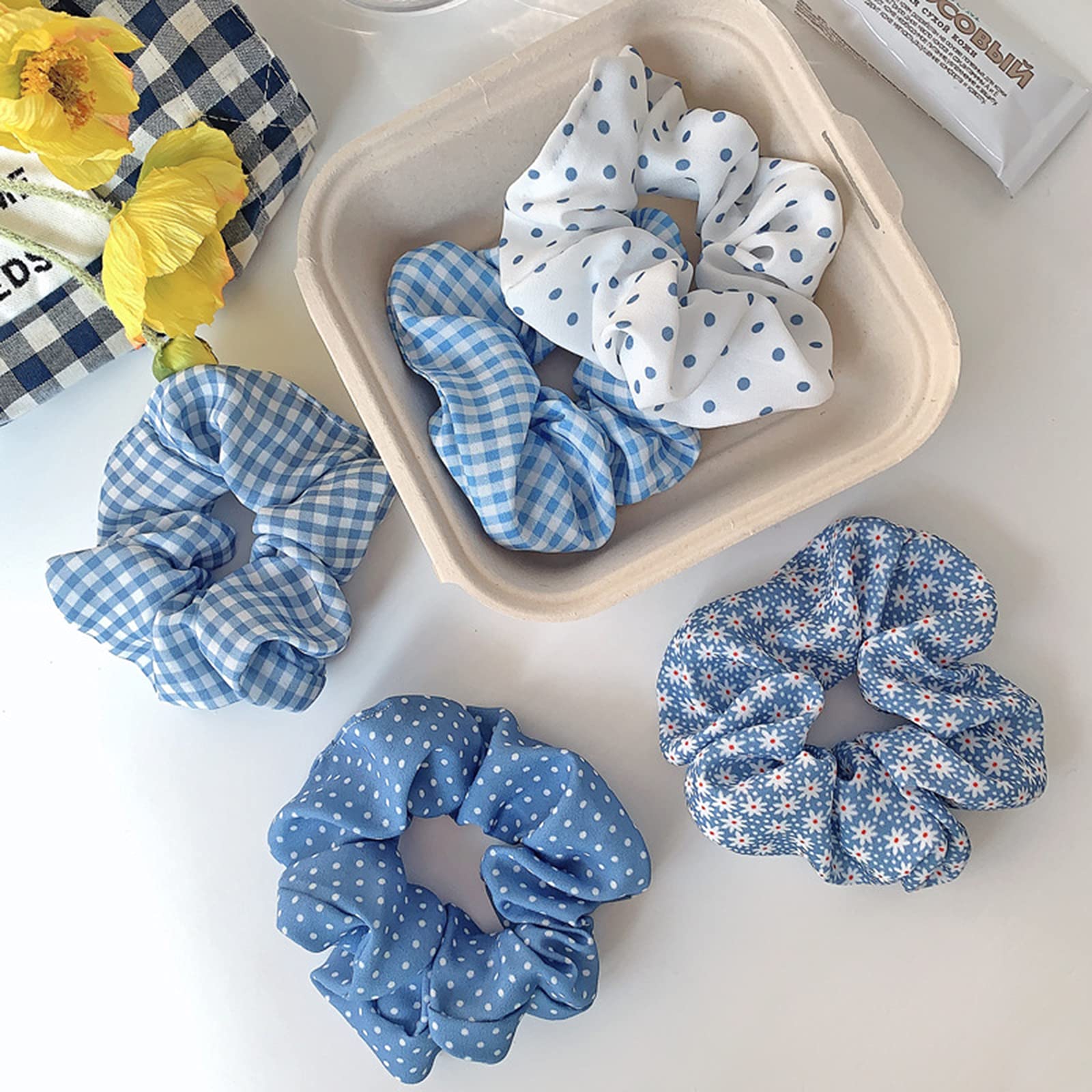 Blue Plaid Scrunchies Set - 5 Bandana Hair Ties For Women