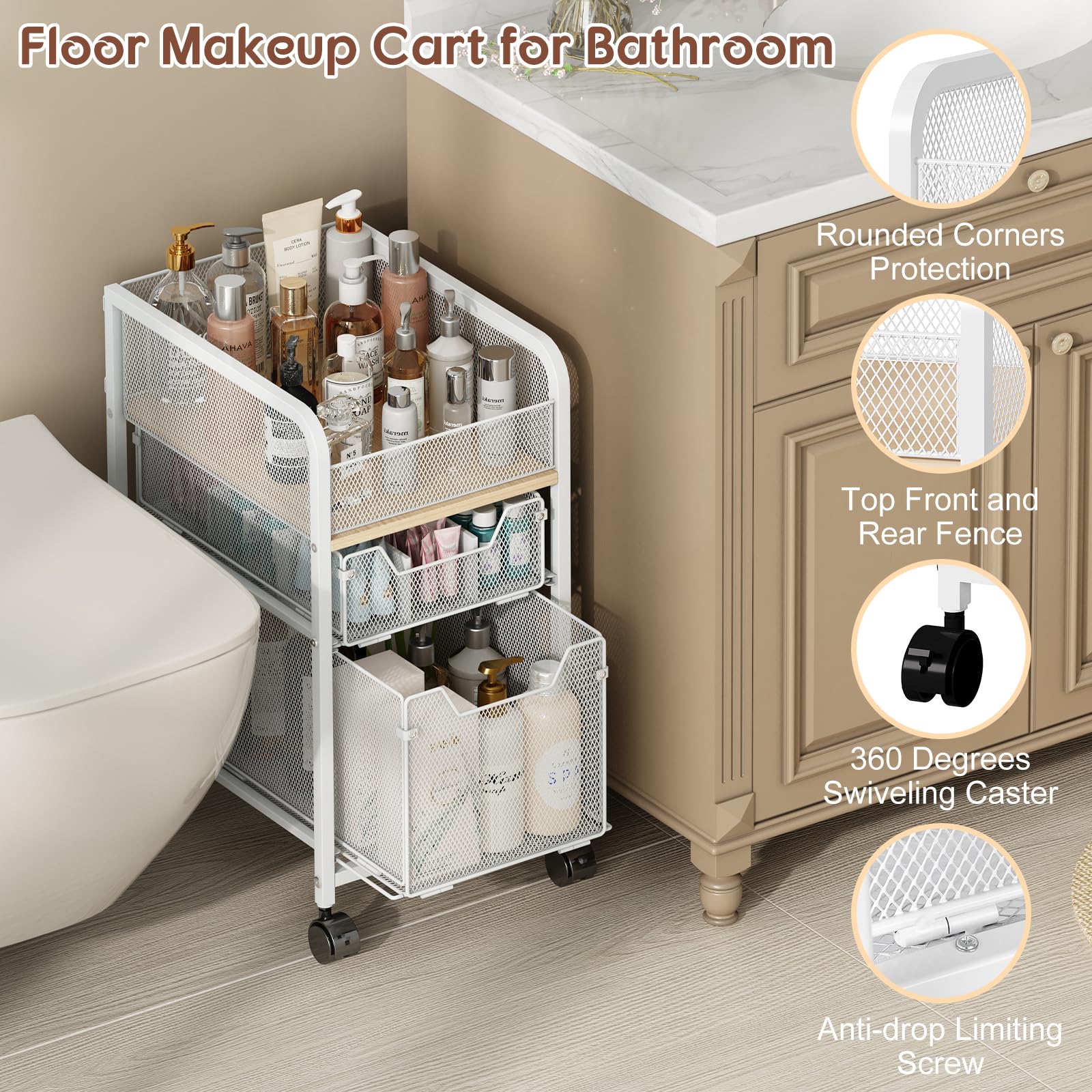 Hongtamoya Rolling Makeup Cart Organizer with 2 Drawers, Narrow Floor Skincare Organizers, Vanity Organizer Cosmetics Display Ca