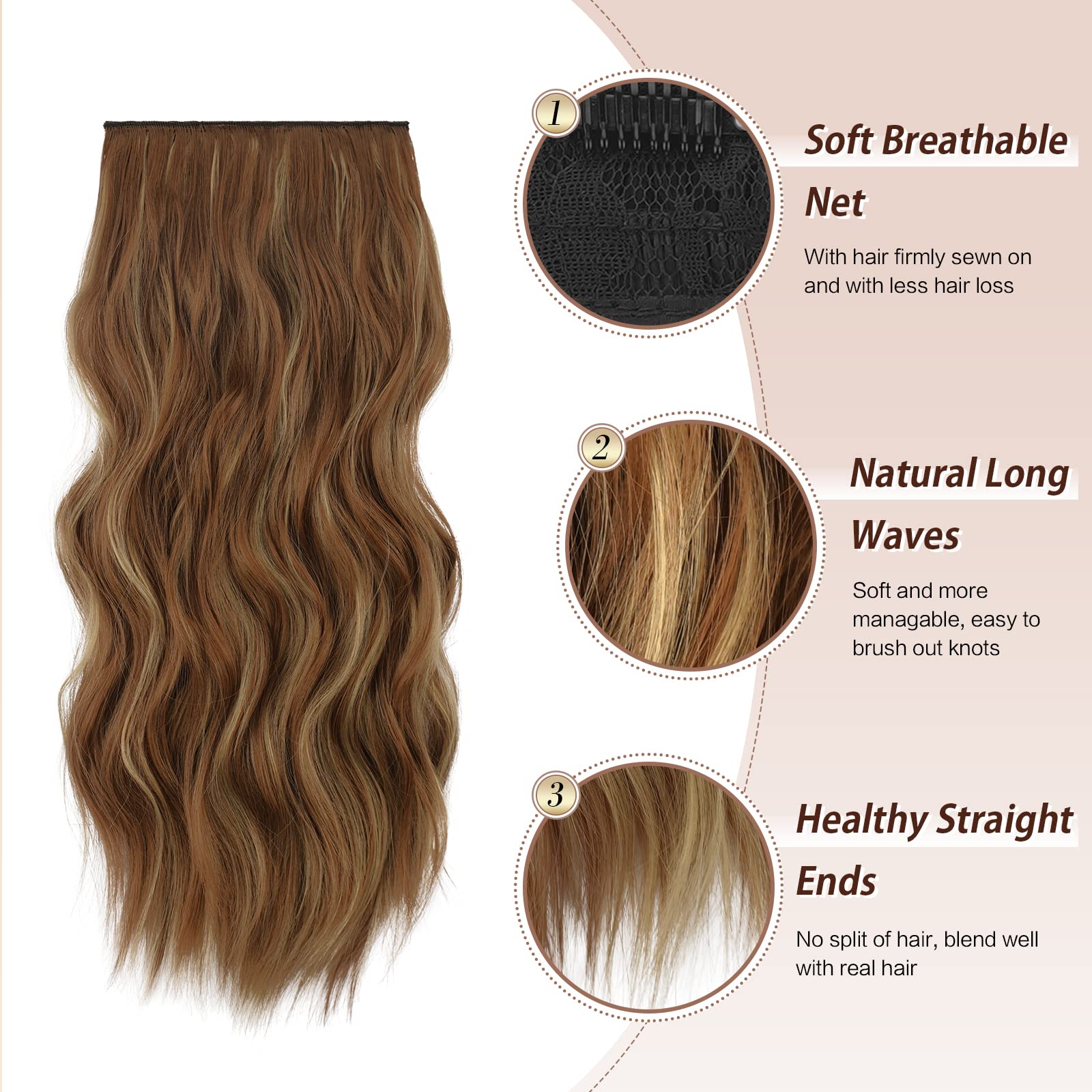 FESHFEN Clip in Hair Extensions - 4 PCS Long Wavy Thick Highlighted Clip in Hairpieces Synthetic Hair Extension for Women, Reddi