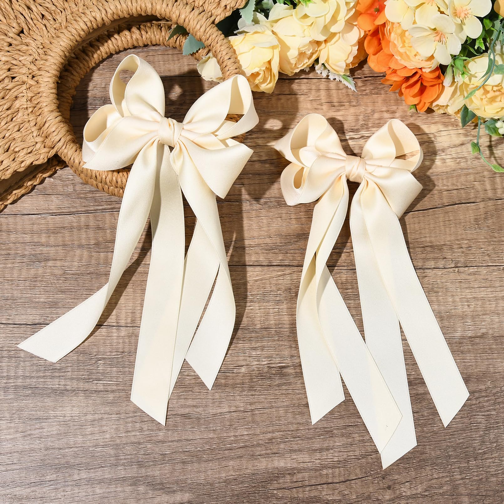 Aileam Hair Clip, 2Pcs Hair Bows For Women Hair Clip Beige Silky Satin Ribbon Accessories With Metal Clips For Women Girls Toddl