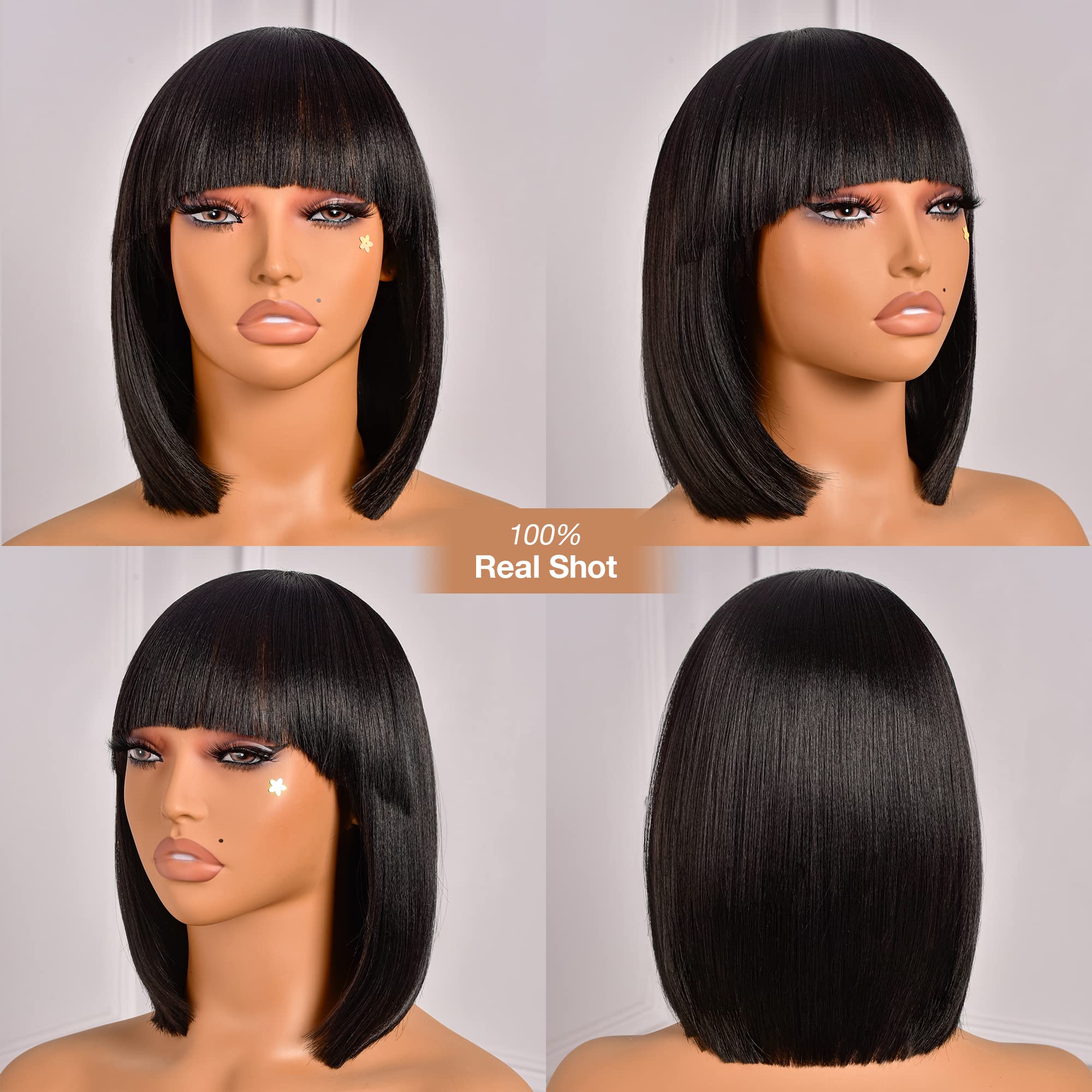 Toyotress Short Bob Wigs With Bangs - 12 Inch Jet Black Yaki Straight Hair Daily Costume Wig For Black Women, Soft Light Synthet