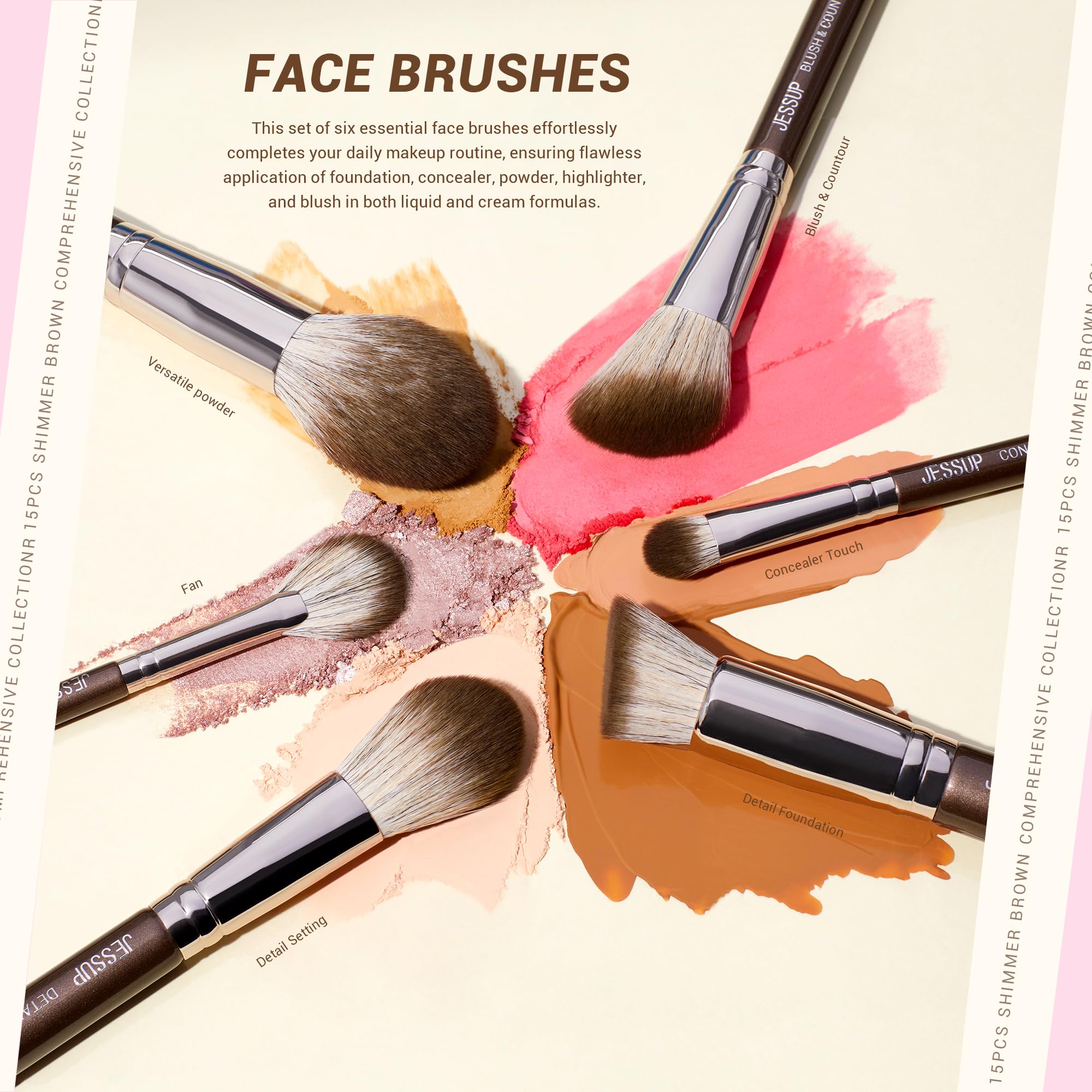 Jessup Makeup Brushes Set 15Pcs Brown Make Up Brushes Set Professional Premium Synthetic Foundation Eyebrow Concealer Blush Eyes