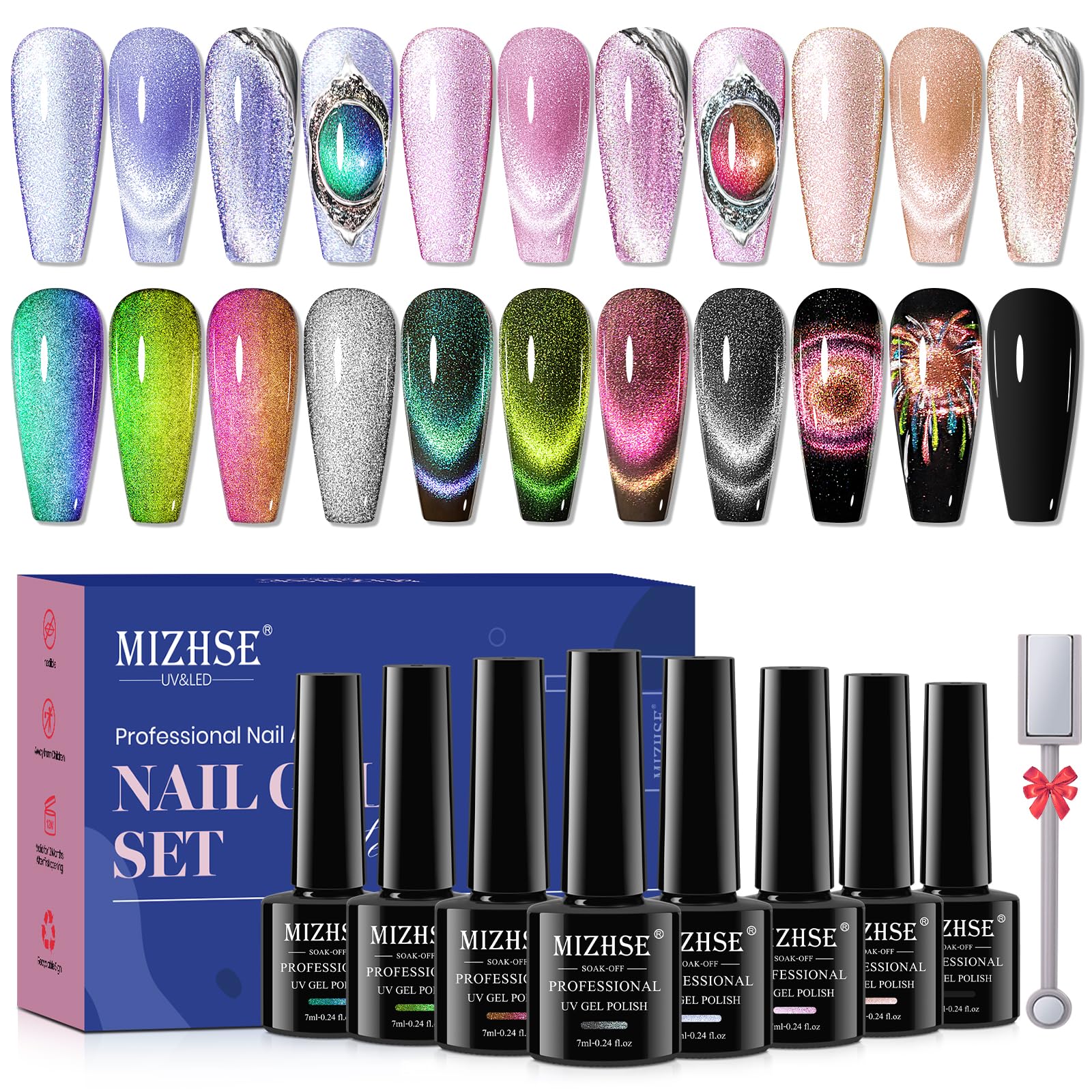 Mizhse Cat Eye Gel Nail Polish Set 8 Colors With Magnet Stick: 9D Cat Eye Gel Polish And Shiny Wide Cat Eye Gel Set, Classic Hol