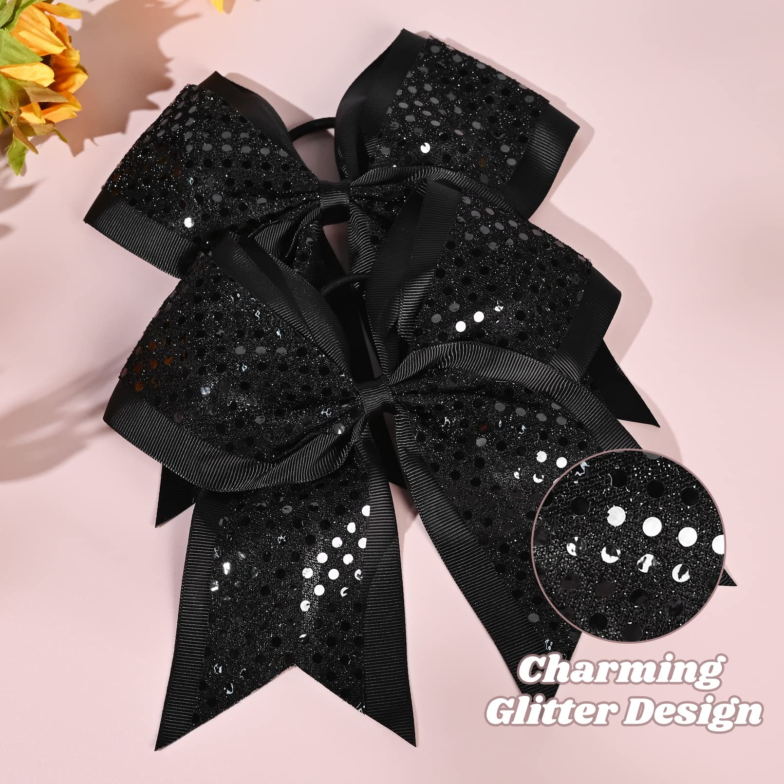 10 Pcs 8'' Large Glitter Cheer Bows Shiny Girl Hair Bows Ponytail Holder Sparkly Black Cheerleading Softball Team Bow Hair Acces