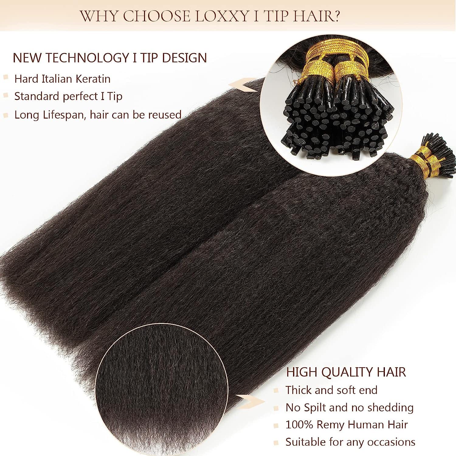 Loxxy Kinky Straight I Tip Hair Extensions, 18 Inch, 100g, Human Hair, Natural Black #1B, Soft & Invisible for Black Women