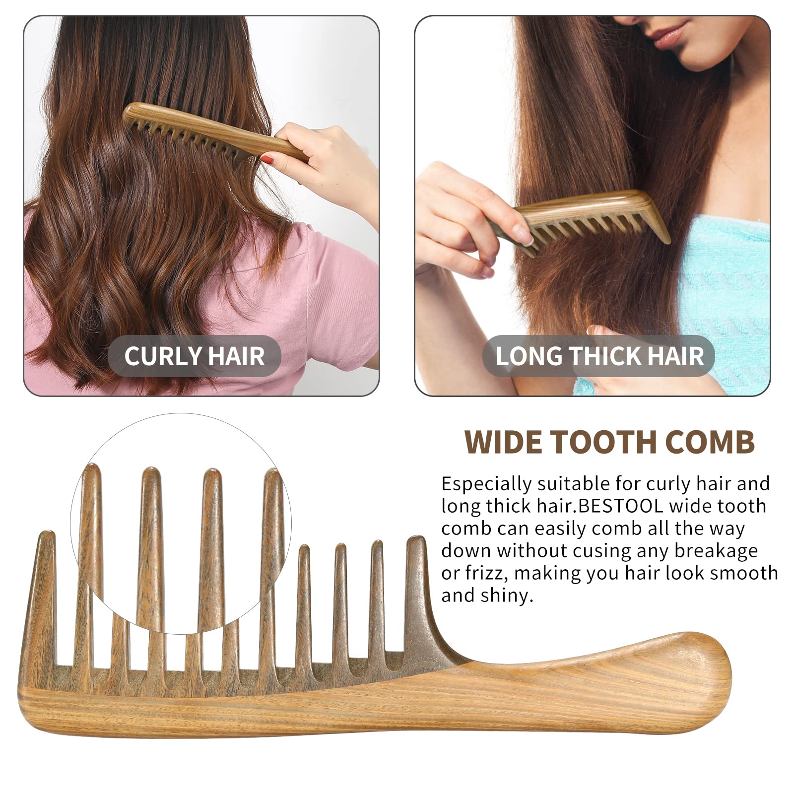 BESTOOL Wide Tooth Comb, Extra Large Natural Sandalwood Wide Tooth Comb Detangler for Curly Long Thick Wet or Dry Hair Anti-stat