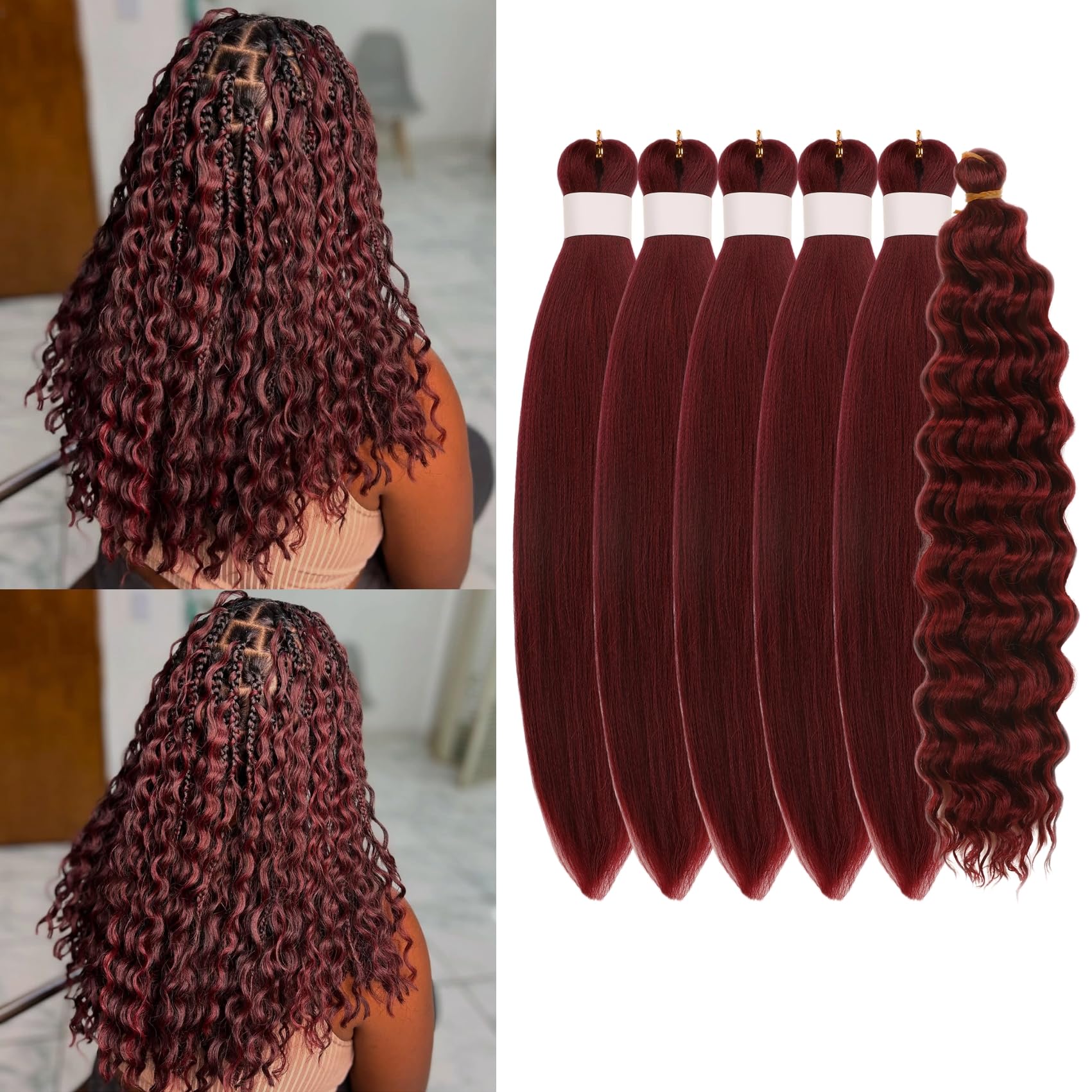 Short Burgundy Braiding Hair Pre Stretched Knotless Braiding Hair for Boho Braids(6 Packs 16Inch)