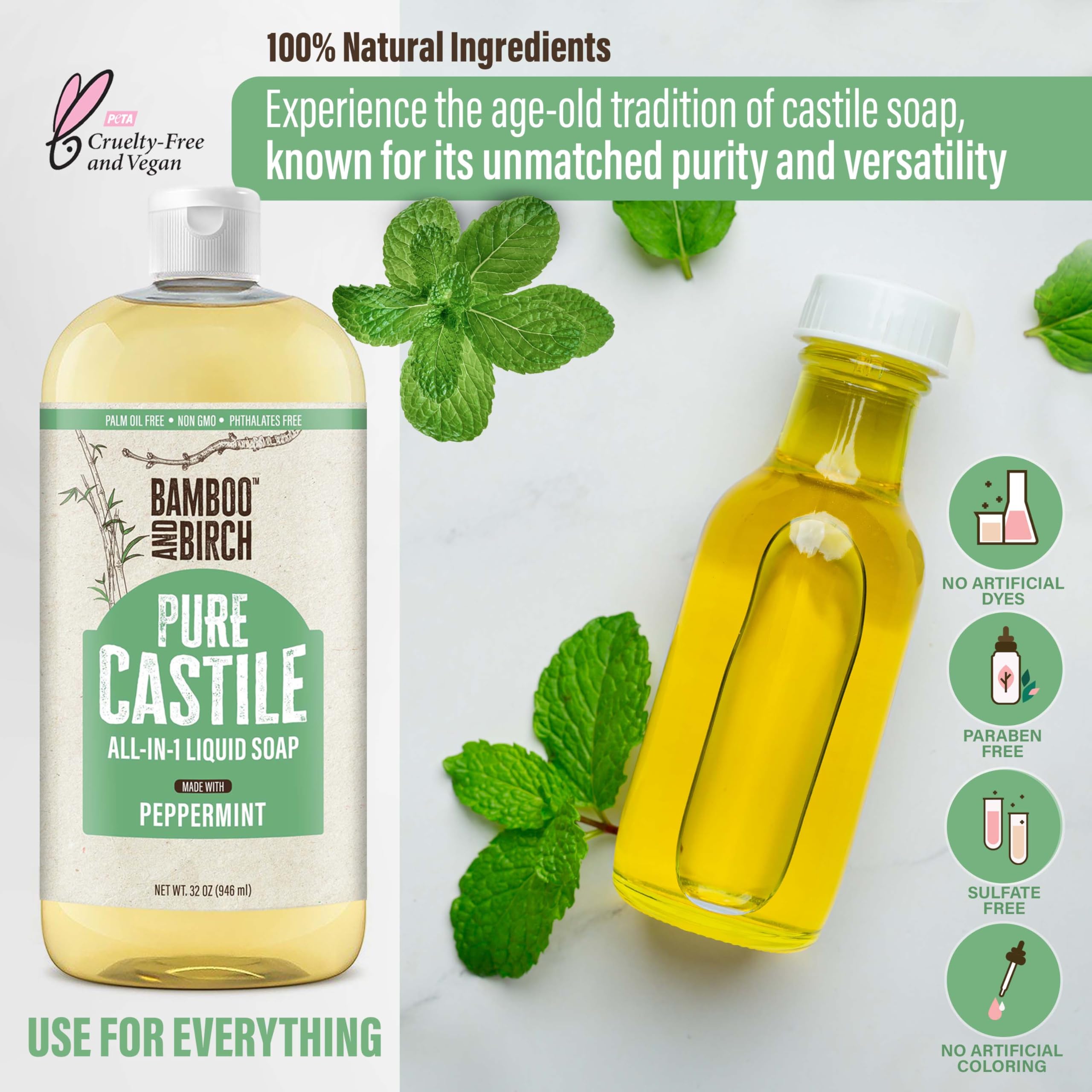 Bamboo And Birch Pure Castile Soap Liquid Organic, Certified Palm Oil Free Natural Soap, Peppermint, 32 Oz