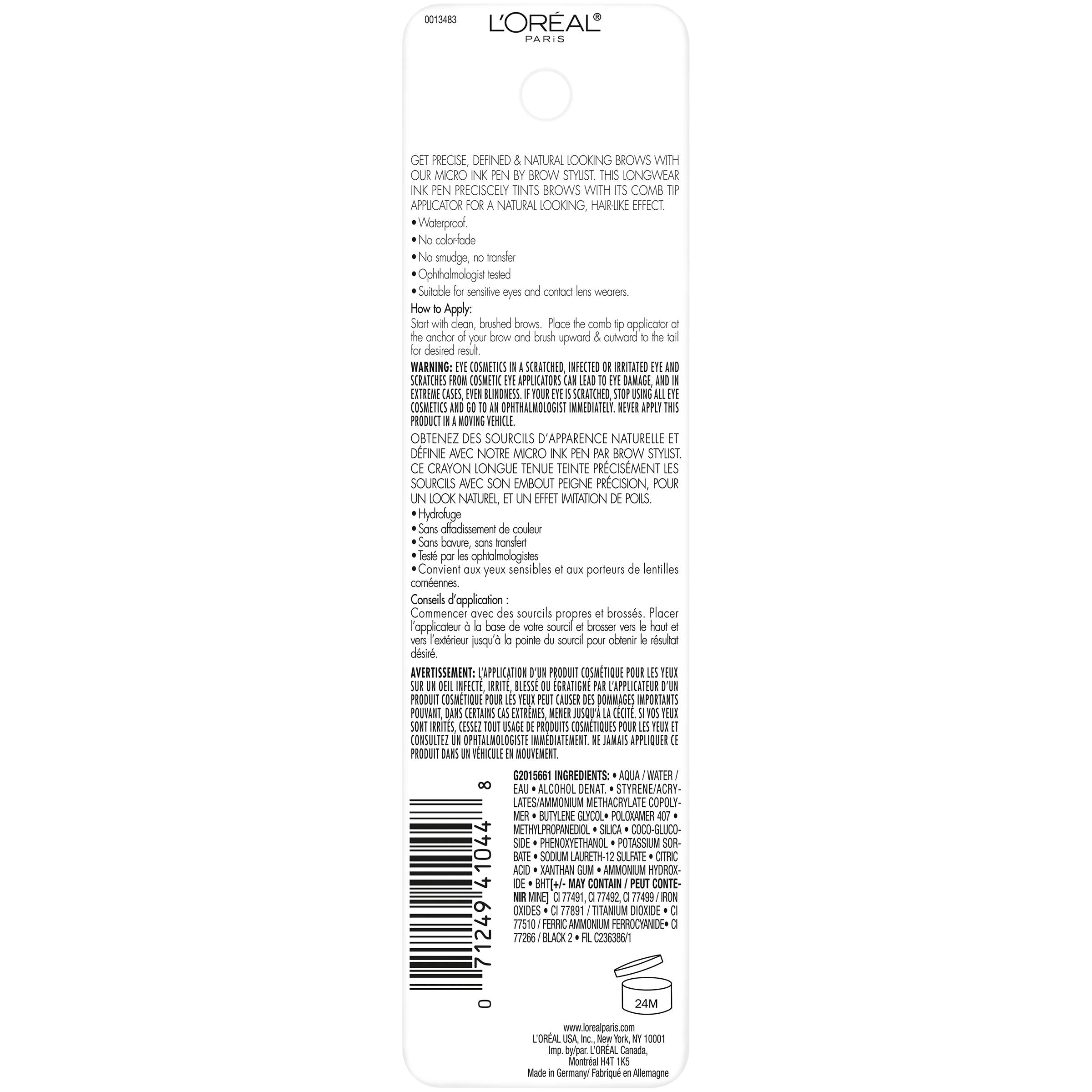 L'Oreal Paris Micro Ink Pen by Brow Stylist, Longwear Brow Tint, Hair-Like Effect, Up to 48HR Wear, Precision Comb Tip, Blonde,