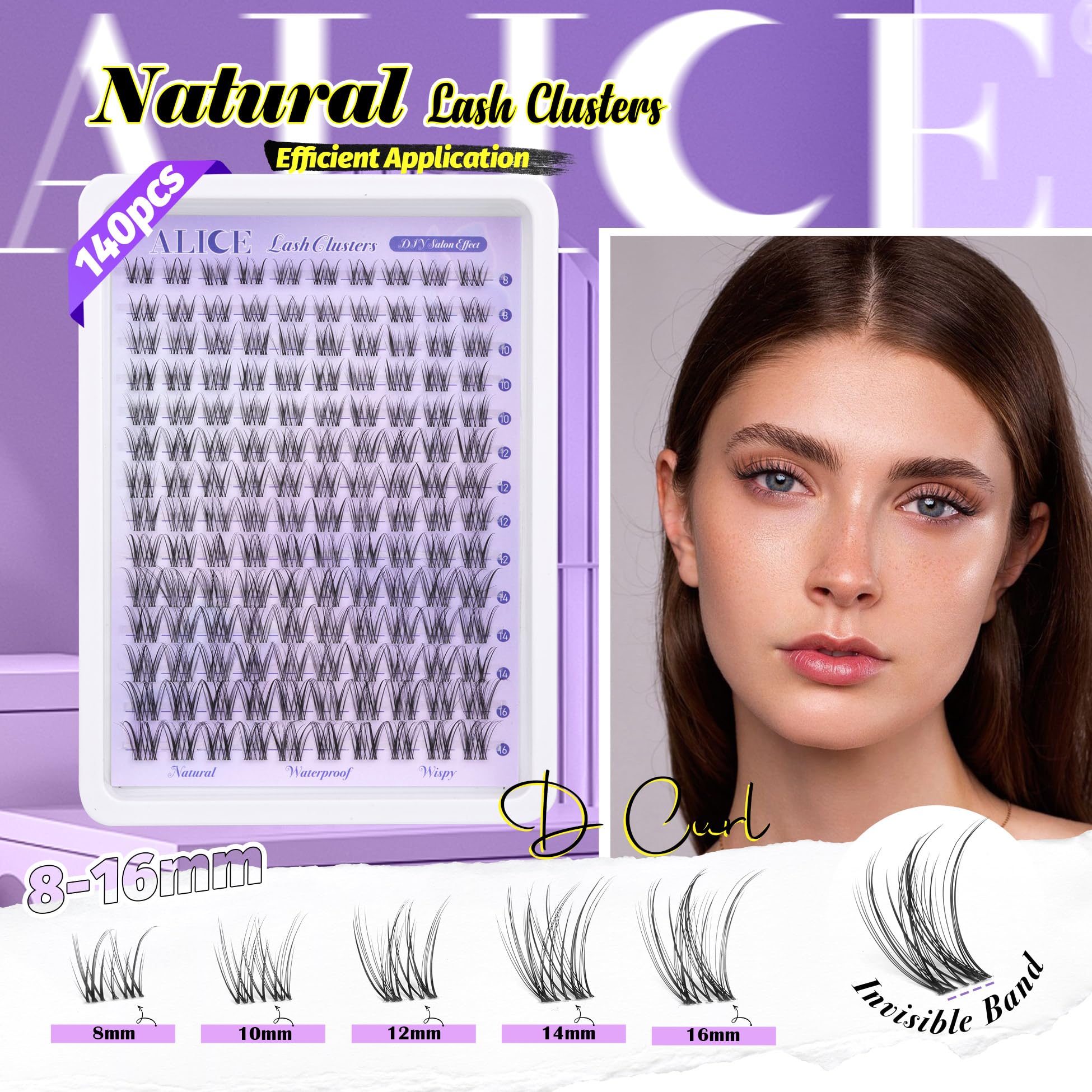 ALICE Lash Clusters - Natural Waterproof Eyelash Extensions, 8-16mm, Black, Wispy Individual Lashes with Invisible Band