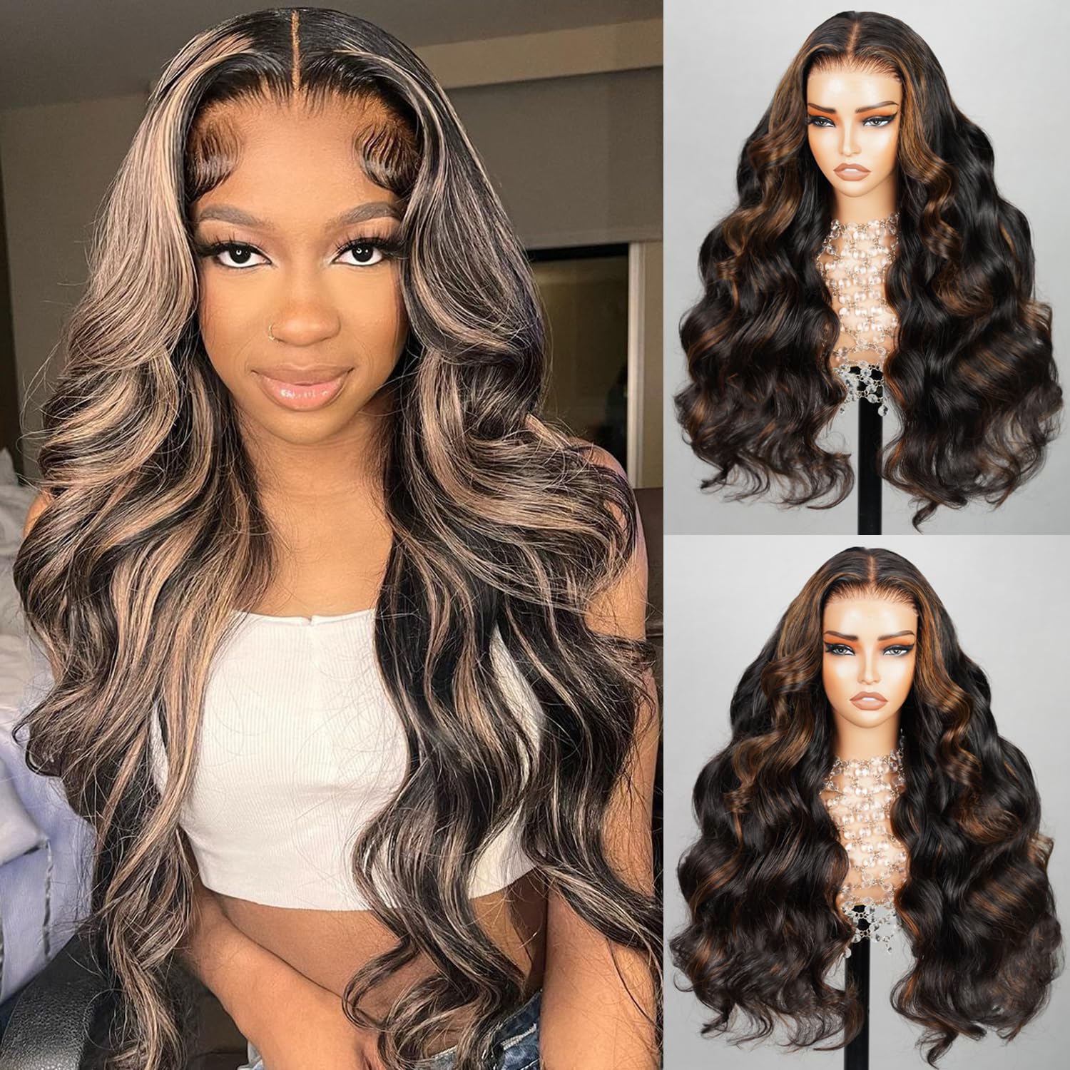 SUPERLOOK Wear and Go Glueless Wig Pre Plucked 12A 220% Density Highlight Lace Front Wig Human Hair 6x5 Pre Cut Ombre Lace Front