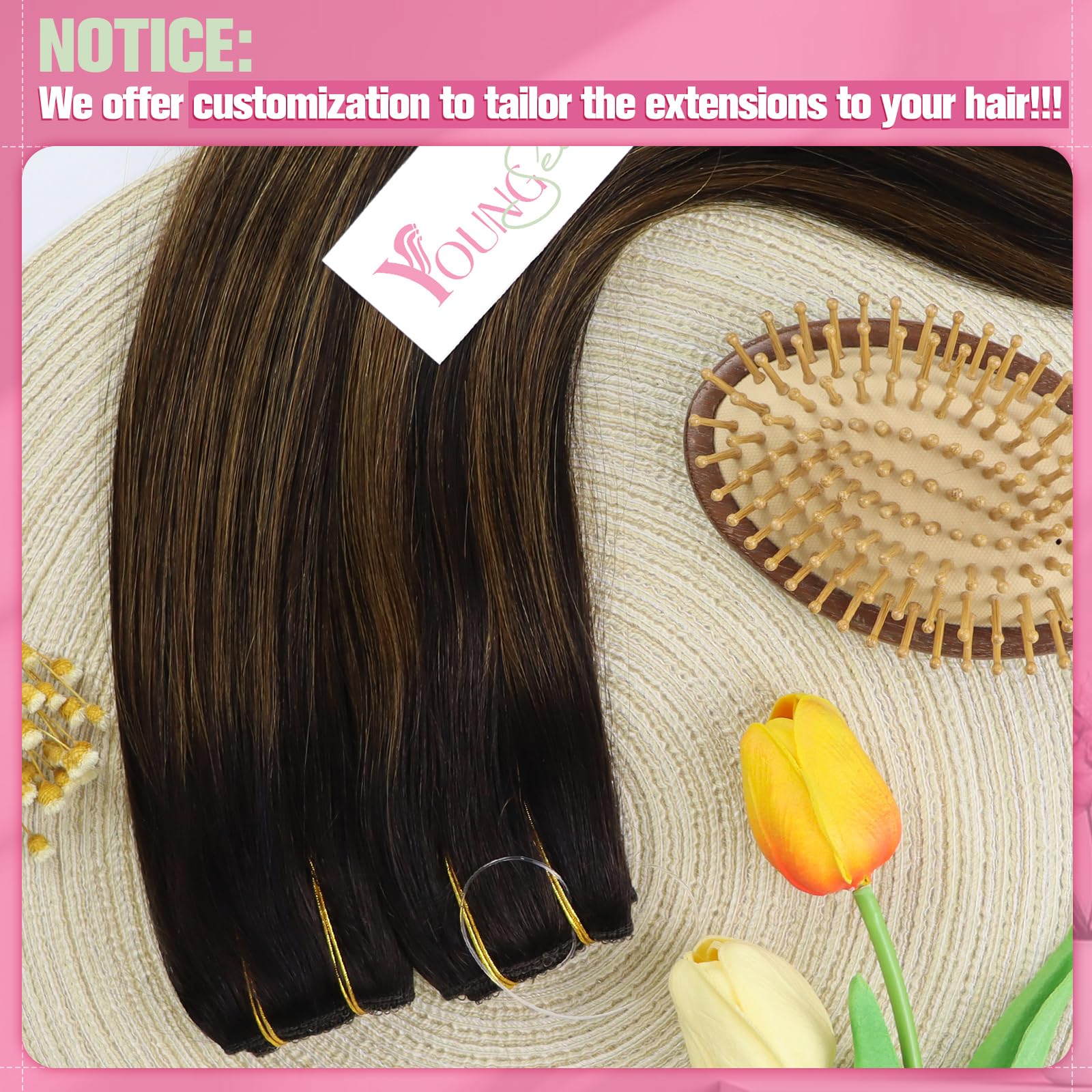 YoungSee Wire Hair Extensions Brown Balayage Straight Wire Real Hair - Darkest Brown & Medium Brown, Hypoallergenic Fish Line De