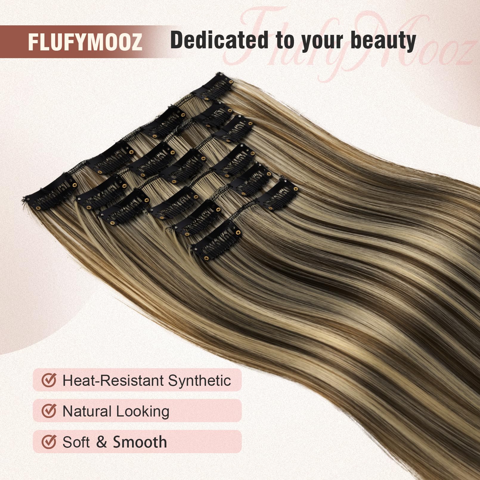 Flufymooz 6Pc Clip In Hair Extensions 24'' Straight Long Extensions For Women Synthetic Hairpiece (Deep Brown With Dirty Blonde)