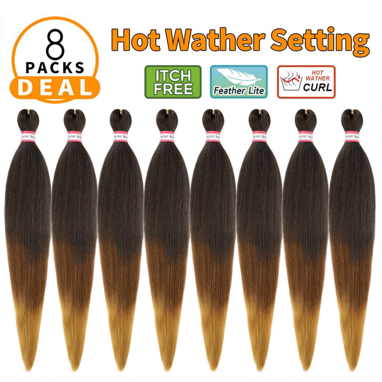 Pre-Stretched Braiding Hair 8 Packs 28 Inch Black To Brown Ombre Braiding Hair Natural Easy Twist Crochet Braids Hot Water Setti