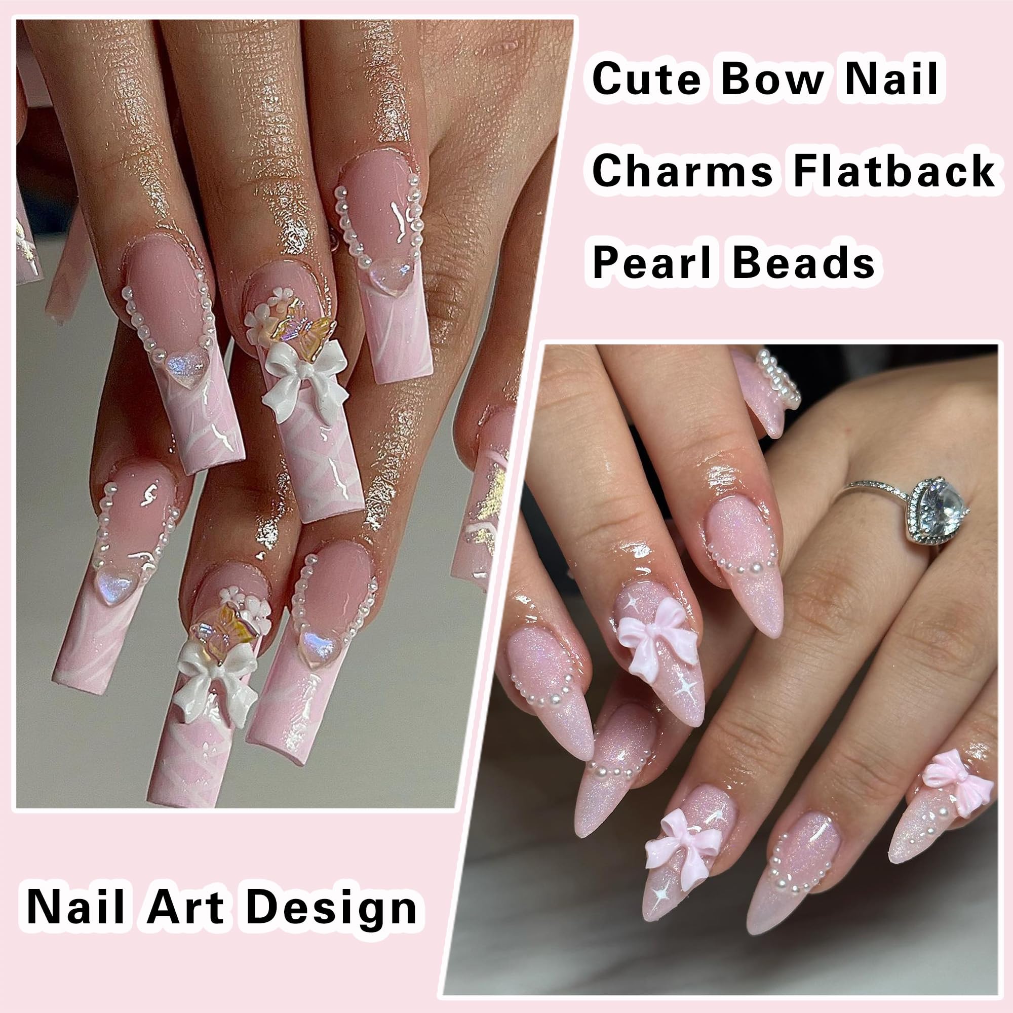 600Pcs Bow Nail Charms And Flatback Pearls,White Pink Bowknot 3D Cute Nail Charms Acrylic Flower For Nail Supplies Design,White