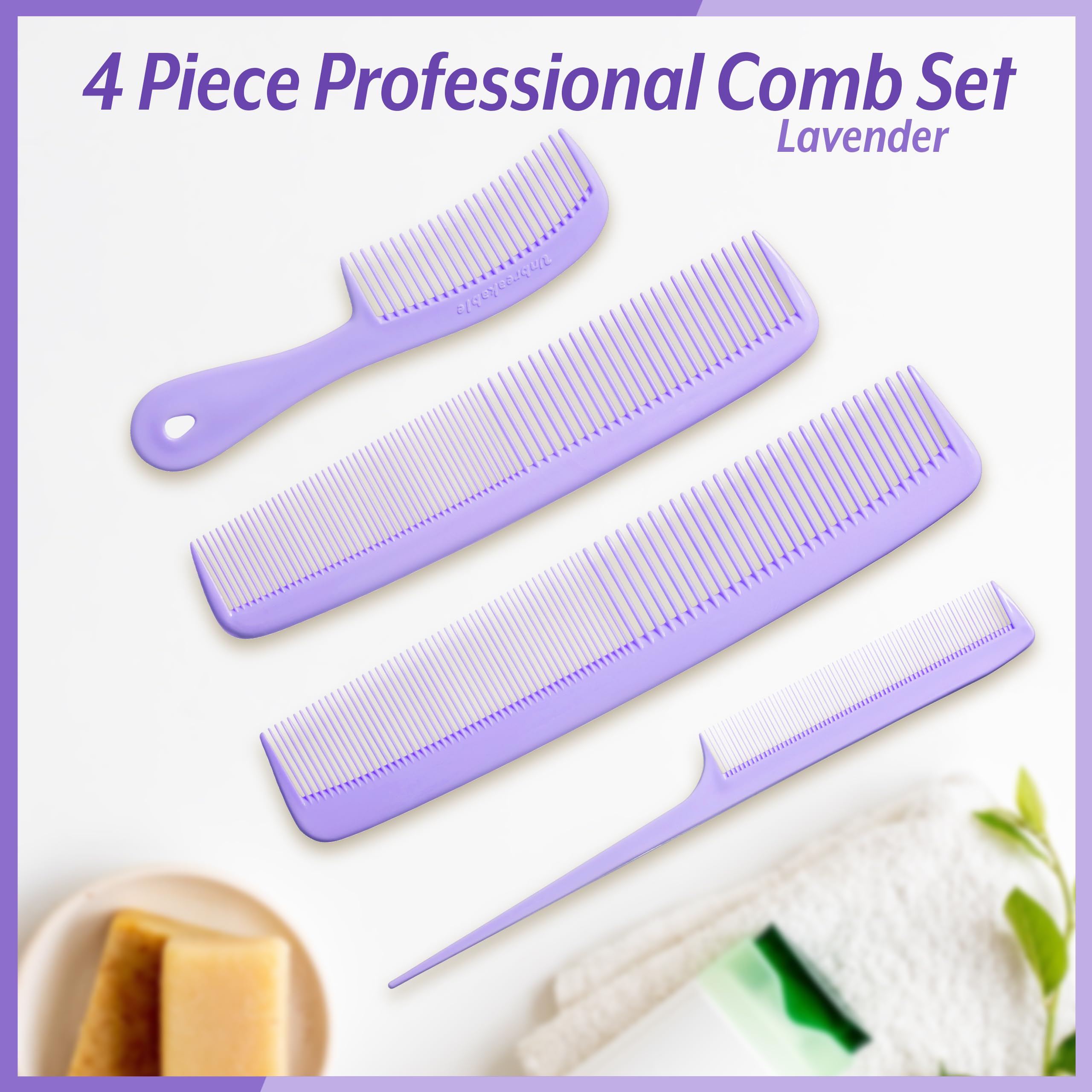 Mars Wellness 4 Piece Professional Comb Set Lavender - Usa Made - Fine Pro Tail Combs, Dresser Hair Comb Styling Comb - Premium