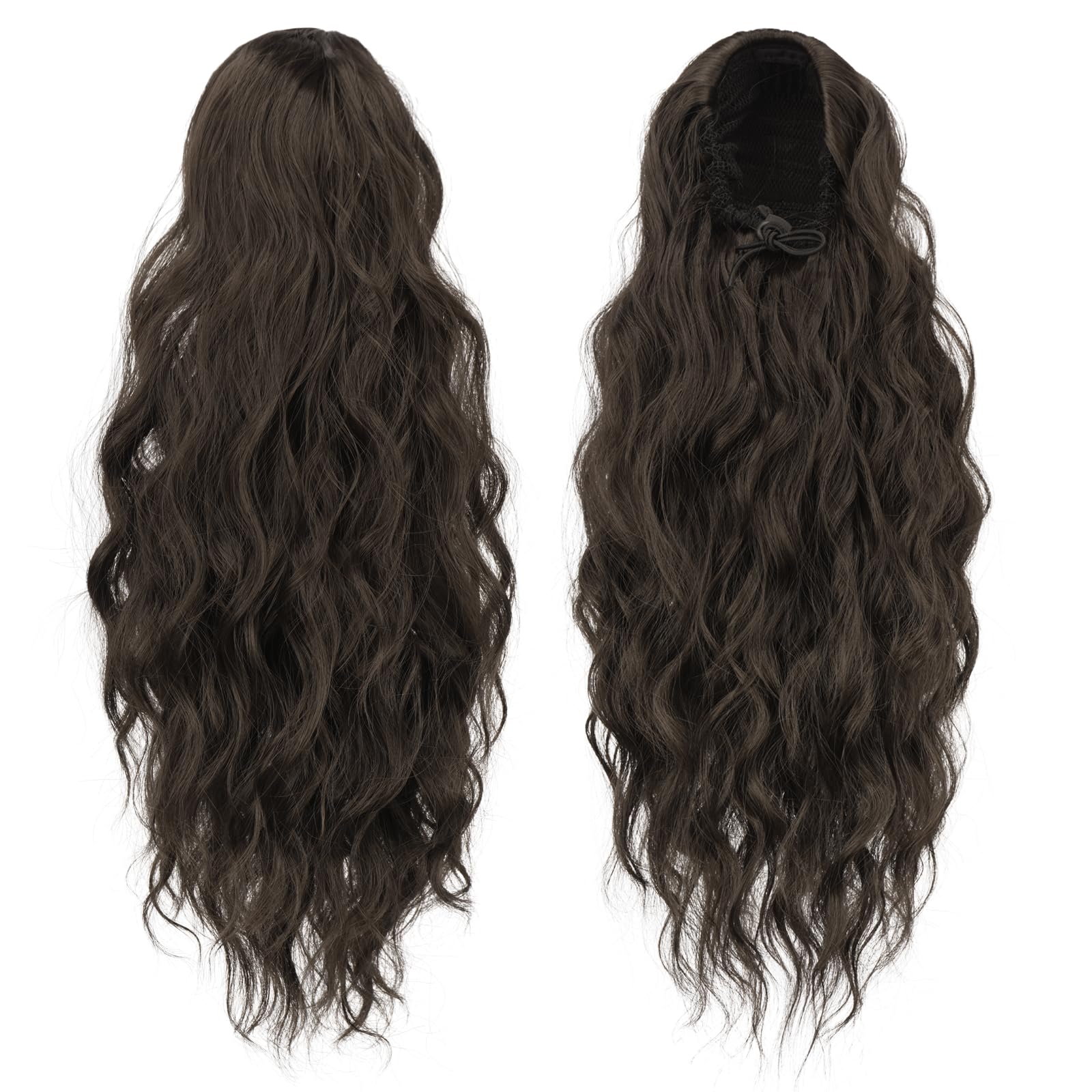 FESHFEN Ponytail Extensions, Long Curly Wavy Drawstring Ponytails Fluffy Clip in Pony Tail Hair Piece Synthetic Hairpieces for W