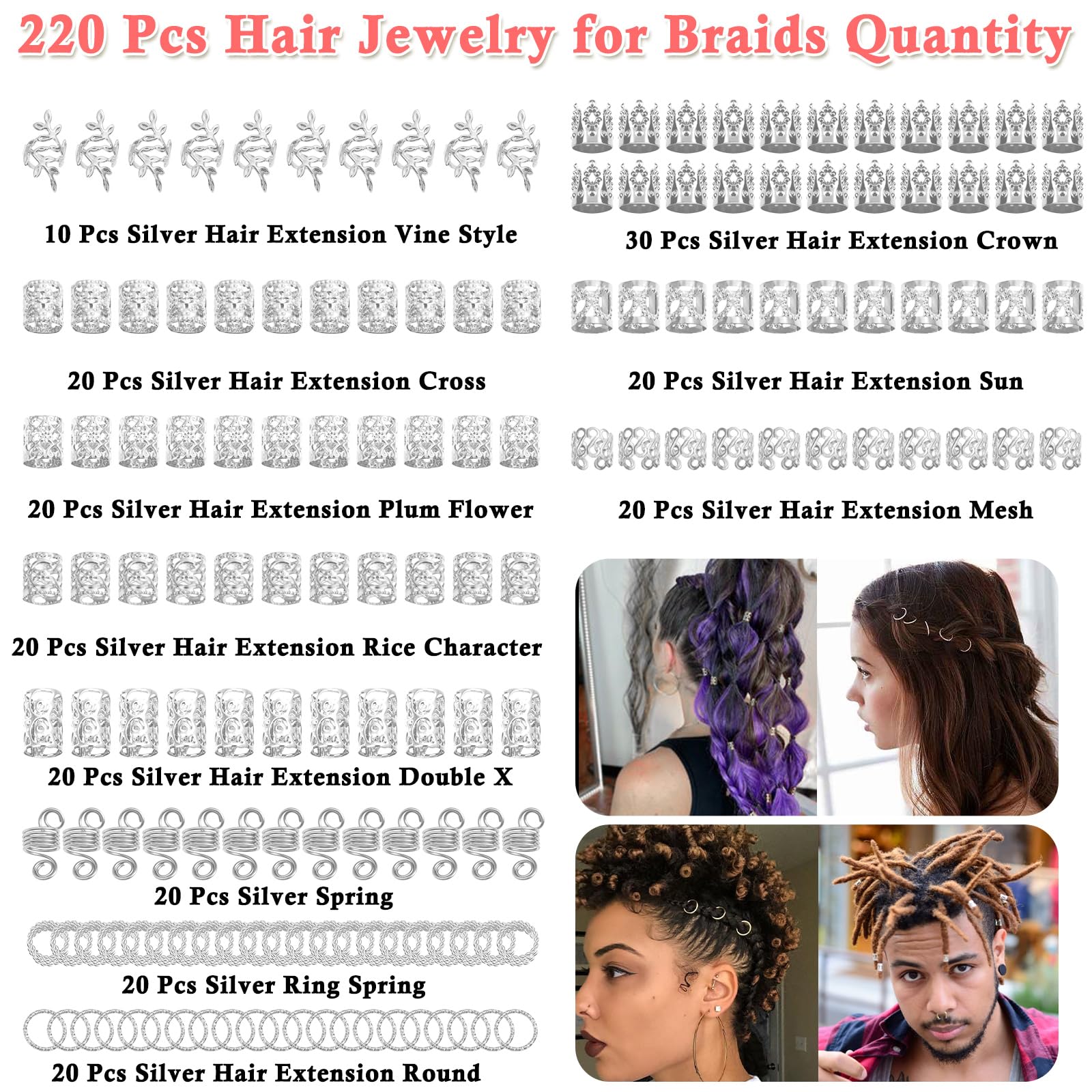 Lucomb 220 Pcs Silver Hair Jewelry for Braids, Loc Jewelry for Hair Dreadlock, Hair Charms for Women, Metal Silver Braids Rings