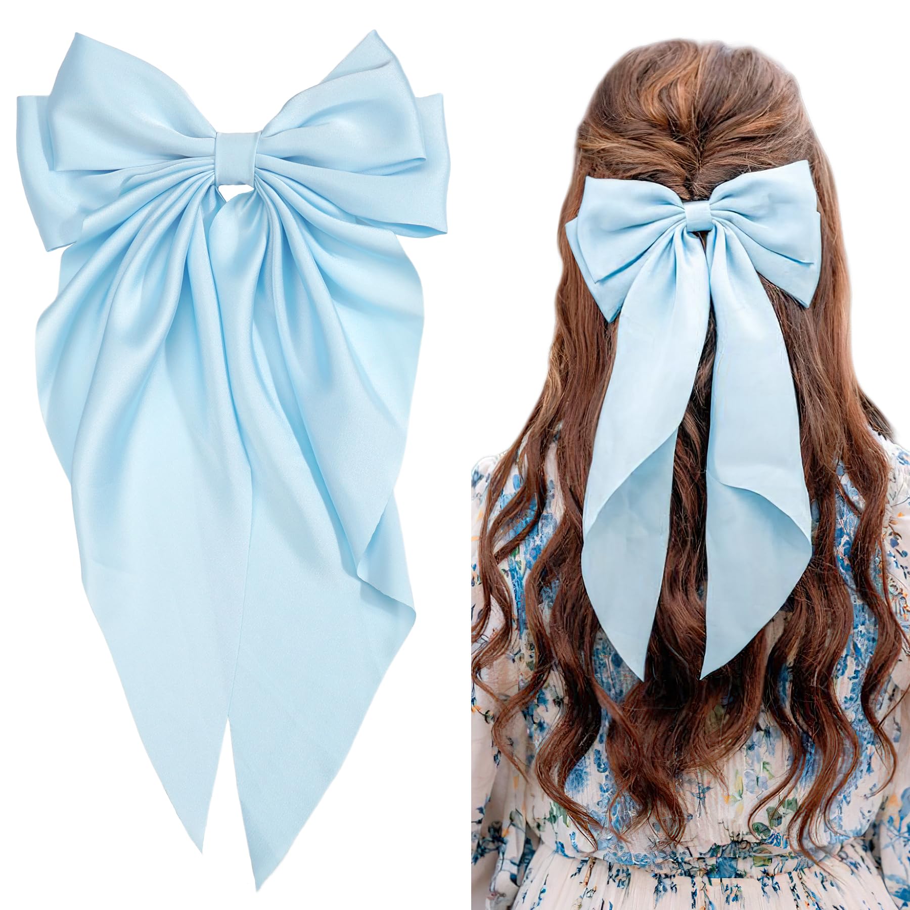 JOYOYO Hair Clip, 1Pcs Silky Satin Large Hair Bow Ribbon Clips for Women and Girls, Giant Long Bow Hair Clips Ponytail Holder Si