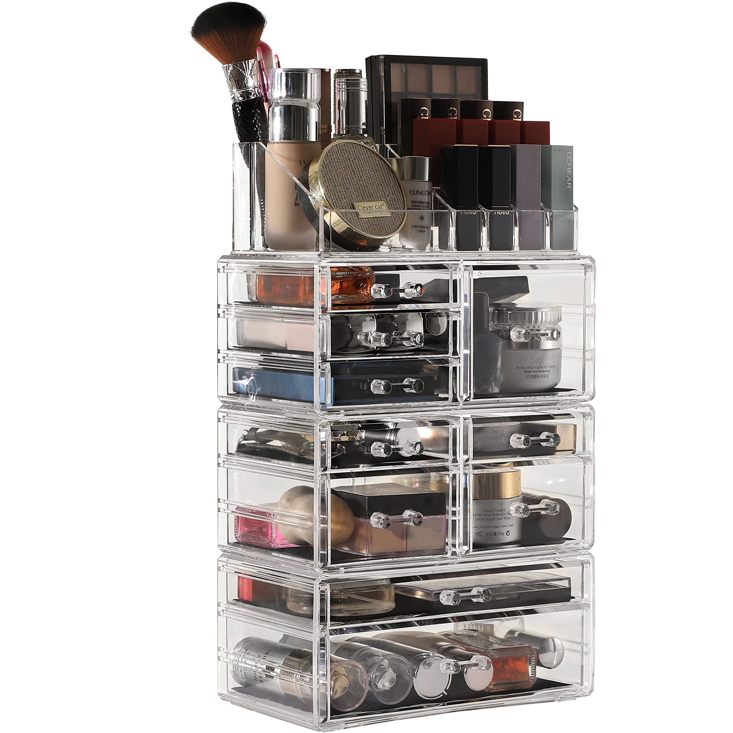 Cq Acrylic 4 Pack Clear Make Up Organizer Countertop,Stackable 10 Drawers Makeup Storage,Cute Vanity Organizers For Dresser Hair