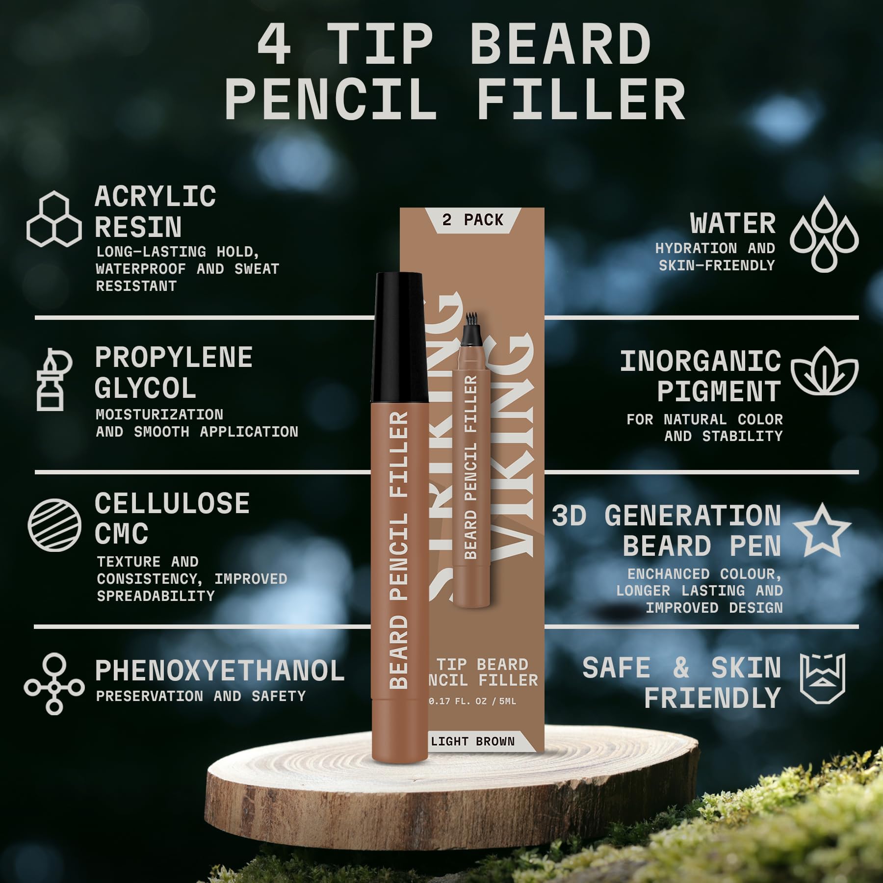 Striking Viking 2 Pack Beard Pencil Filler Men With 4 Tips - Updated Beard Filling Pen Kit With Brush, Long Lasting Waterproof B