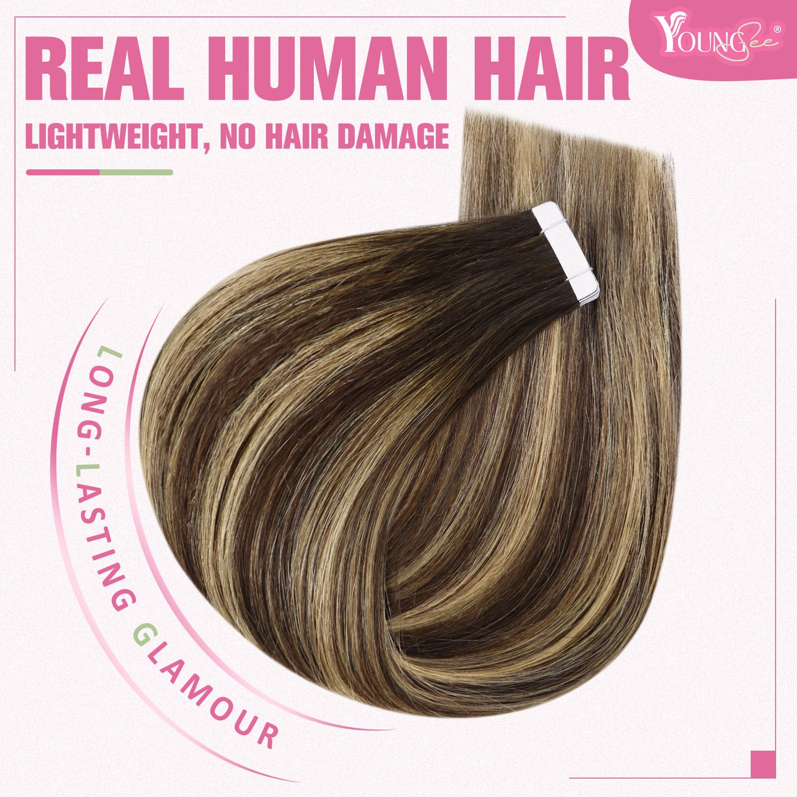 YoungSee Tape in Extensions Human Hair Brown Balayage Real Human Hair Tape in Extensions Dark Brown to Caramel Blonde Ombre Tape