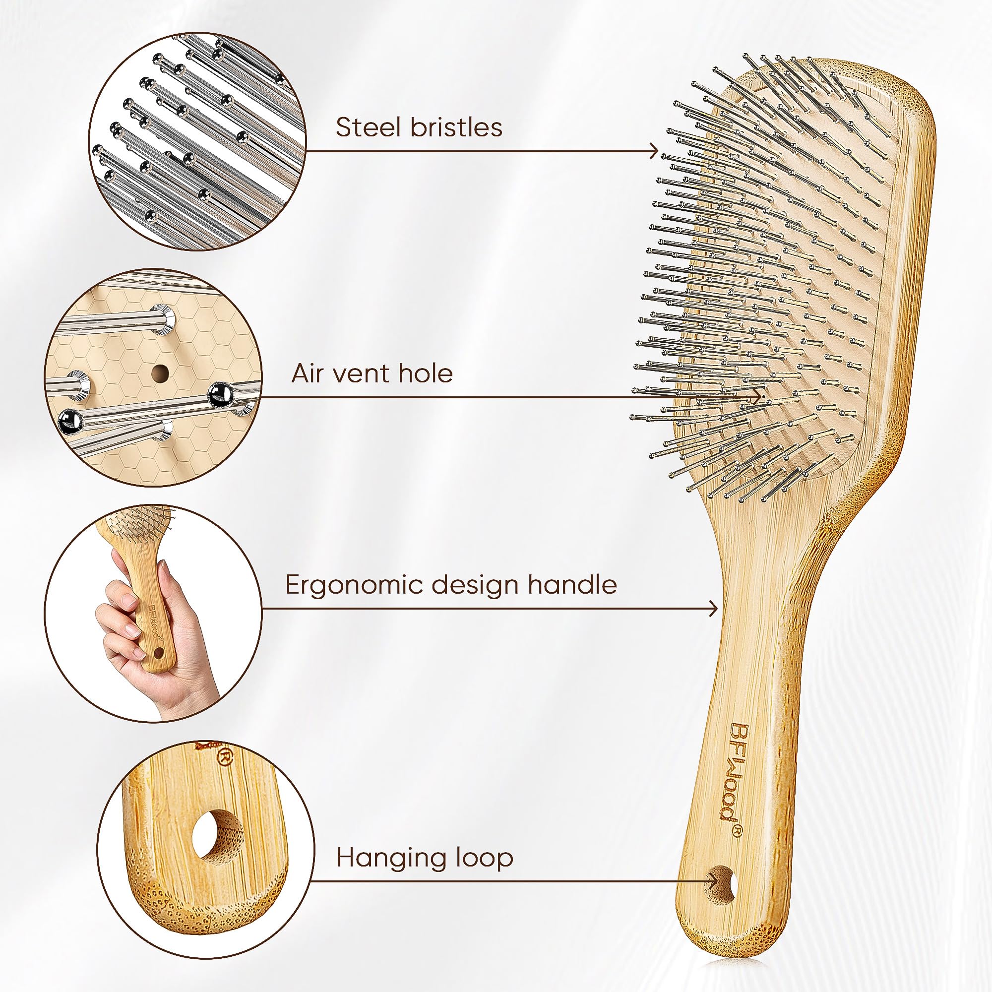 Bfwood Bamboo Hair Brush With Steel Bristles, Help Hair Growth And Massaging Scalp