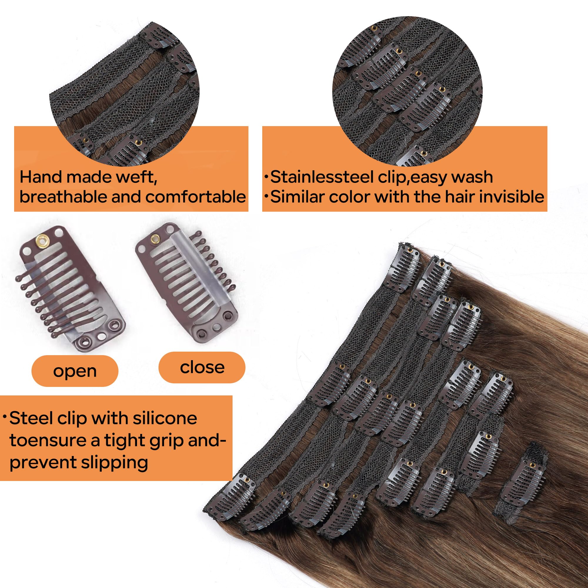 Pobokix Straight Clip In Hair Extensions Real Human Hair 8Pcs Clip In Balayage Chocolate Brown to Caramel Blonde Human Hair Exte