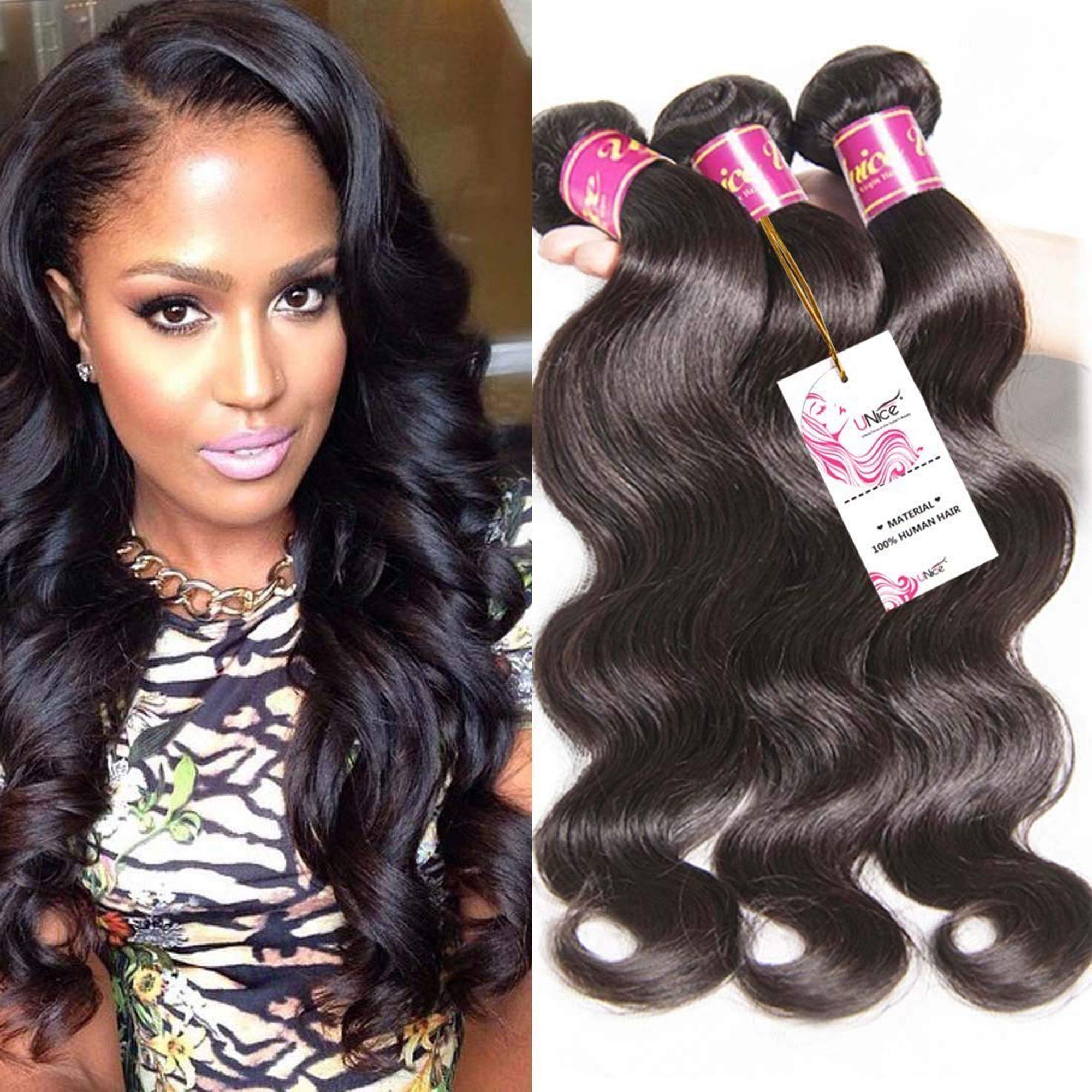 UNice Hair Brazilian Body Wave 3 bundles, 100% Unprocessed Virgin Human Hair Extensions (10 12 14)