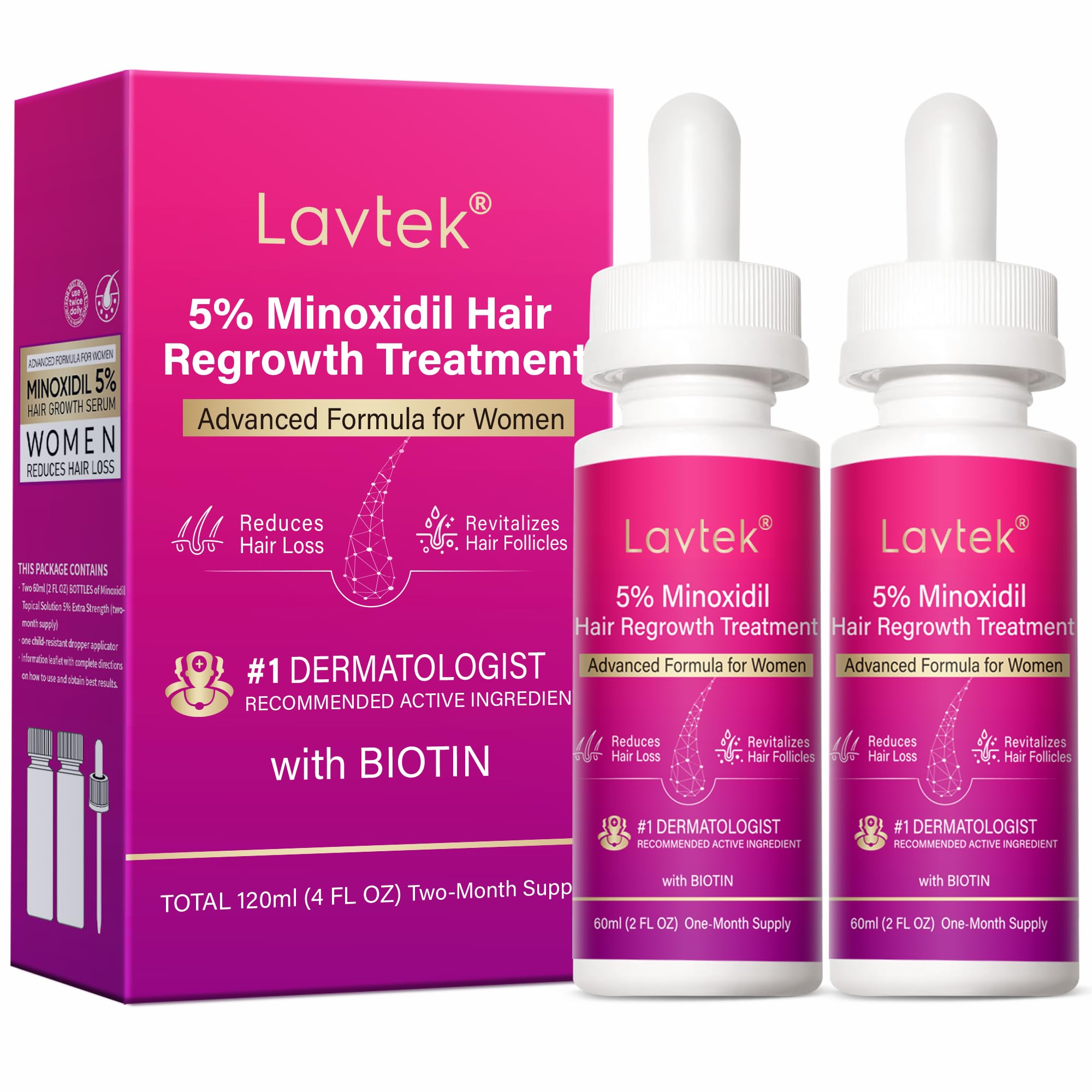 5% Minoxidil Hair Growth Women, Minoxidil for Women Hair Growth Serum with Biotin & Castor Oil, Helps Reduce Hair Loss & Thinnin