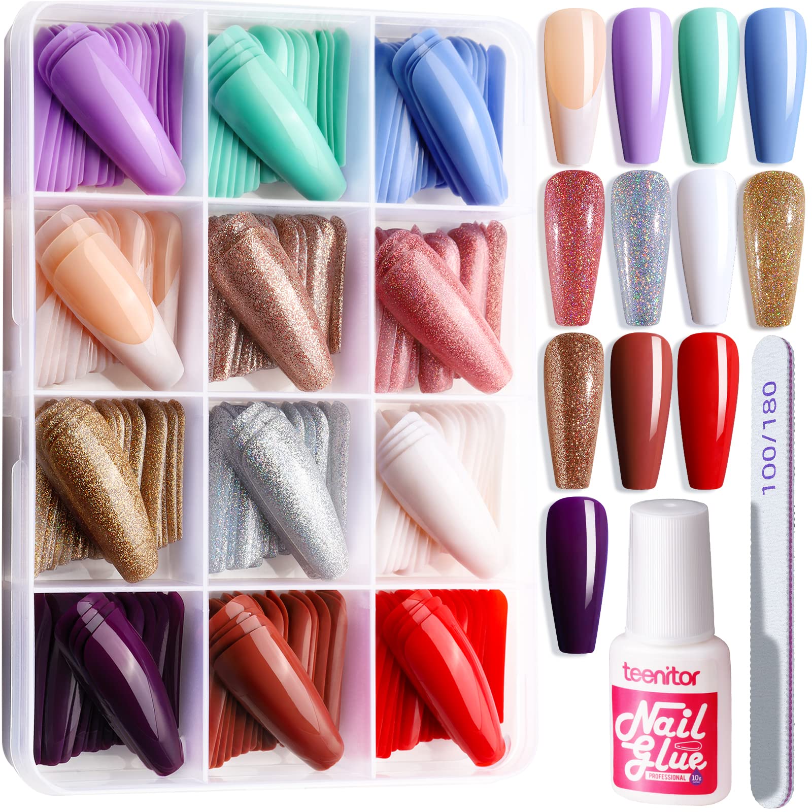 Teenitor Long Coffin Press On Nails, Full Cover Color Coffin Nail Tips, 288Pcs Long Ballerina False Nails, 12 Colors Glue On Nai