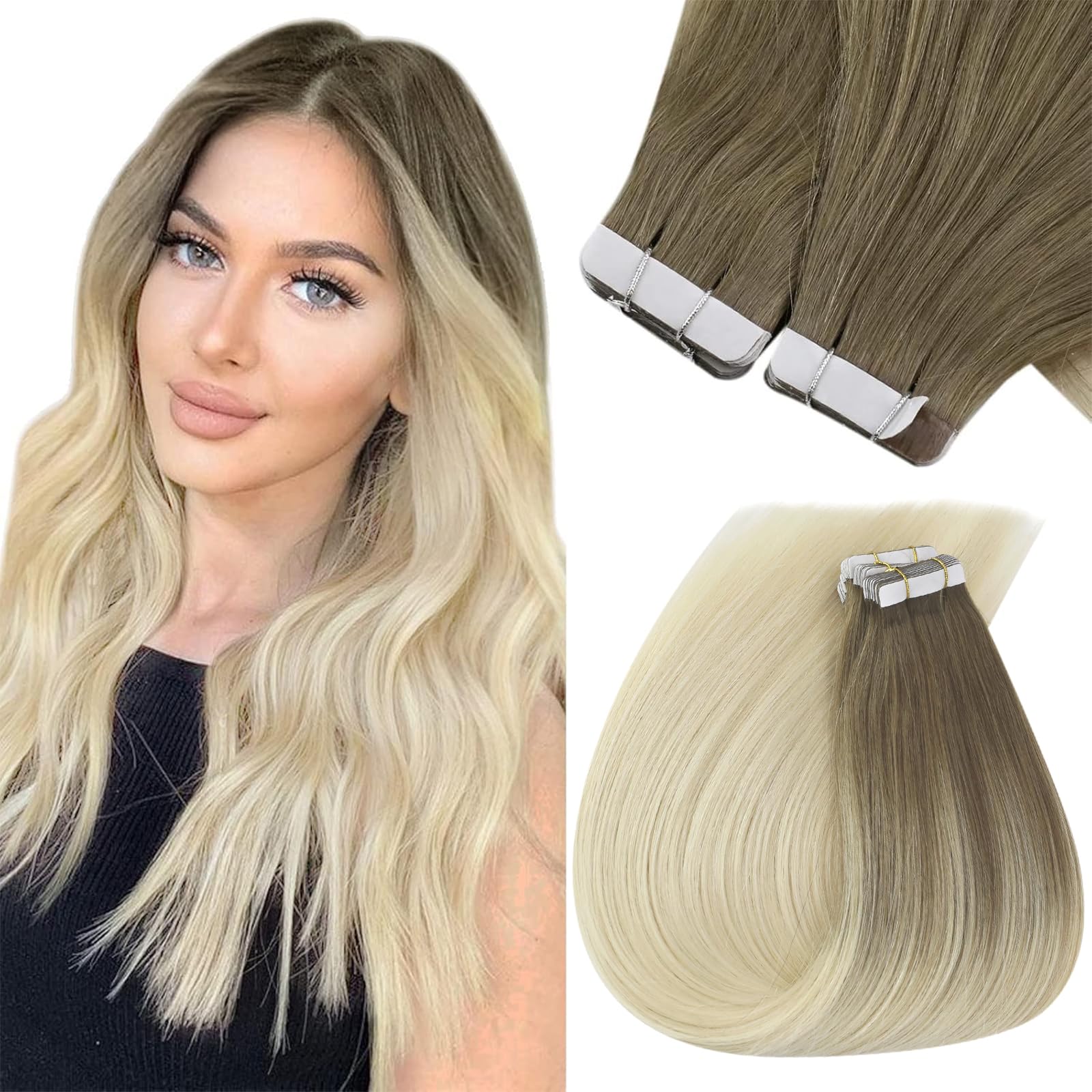 Sunny Hair Tape in Hair Extensions Real Human Hair Invisible Remy Hair Extensions Tape ins for Women Light Brown Root to Platinu