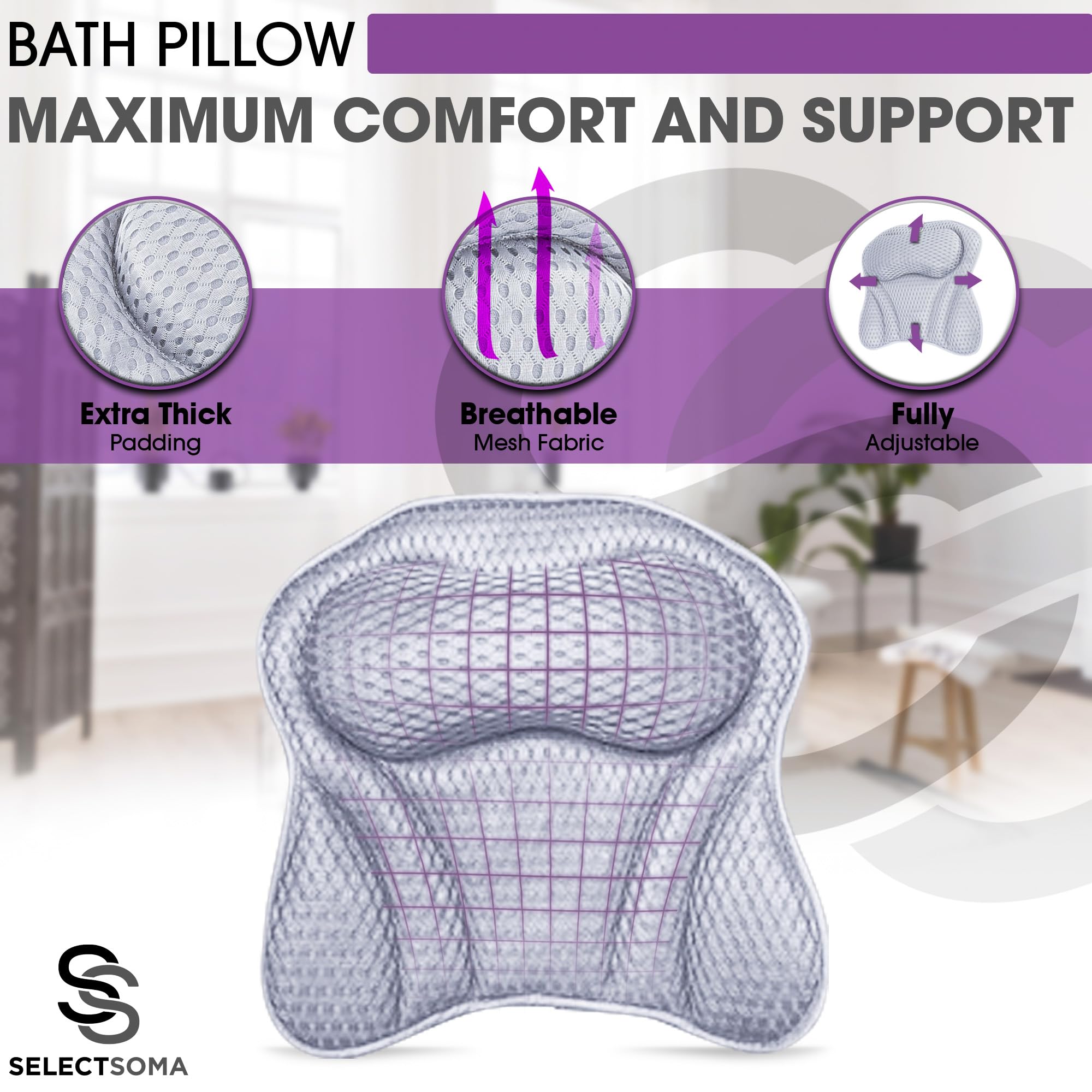 SelectSoma Premium Bath Pillow - Grey 4D Mesh for Head, Neck & Back Support, Quick-Drying with 6 Suction Cups, 1 Count