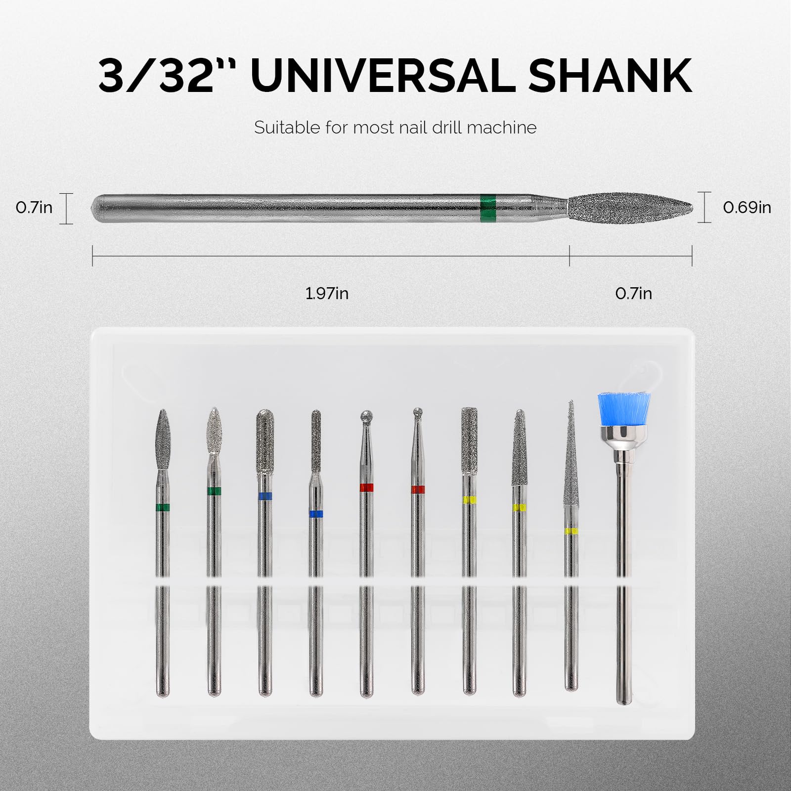MelodySusie 10pcs Nail Drill Bits Set, 3/32 Inch Diamond Cuticle Nail Bits Kit for Nail Drill E-File, Manicure Pedicure Remover