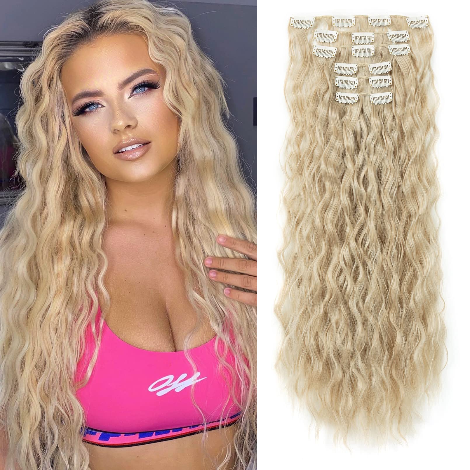 LONAI Clip In Hair Extensions, 6PCS Curly 24'' Long Synthetic Clip On Hairpiece For Women Natural Ash Blonde