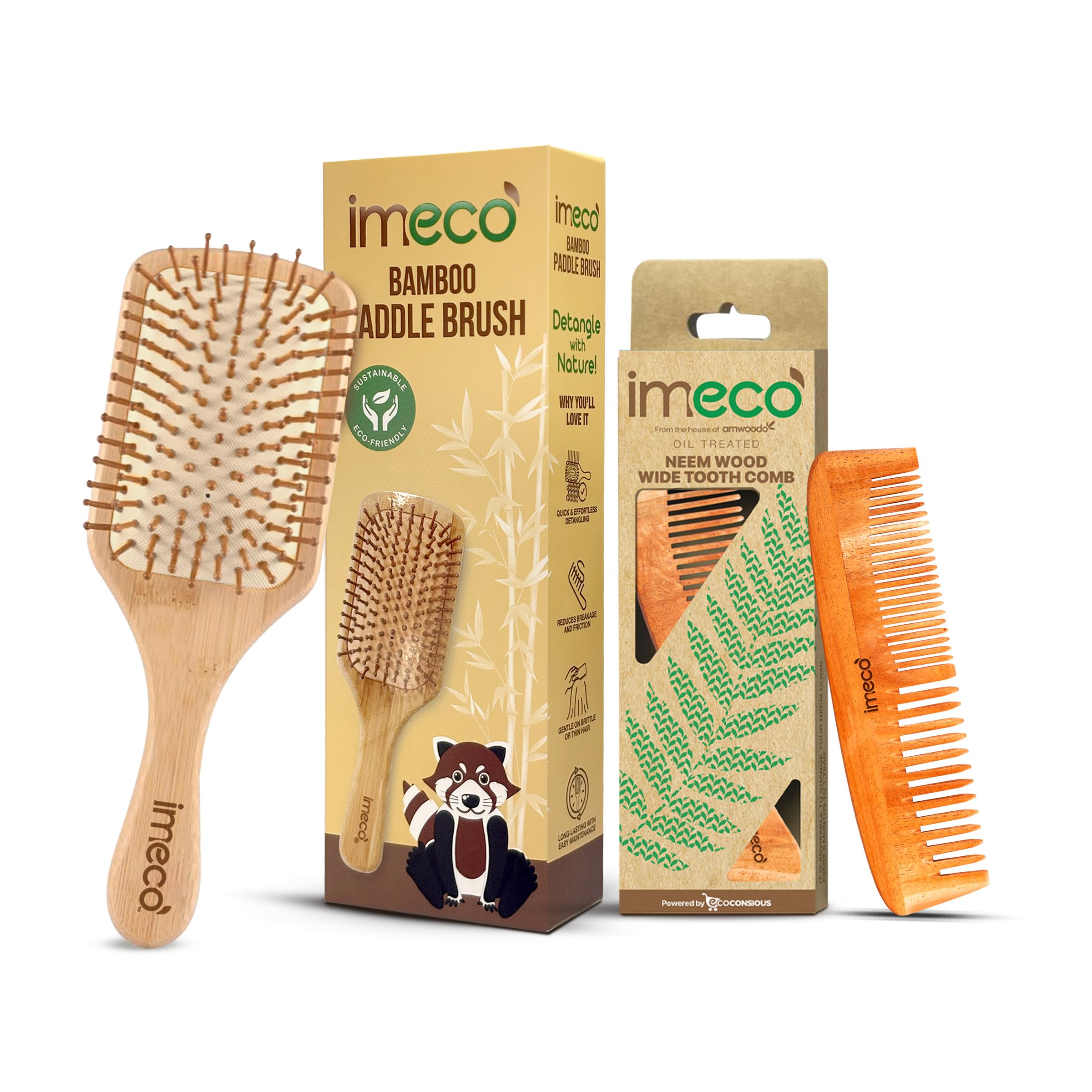 Imeco Dual Tooth Neem Wood Comb & Bamboo Paddle Hair Brush Combo | 17-Herb Oil Treated | Anti-Static, Hair Growth, Frizz & Dandr