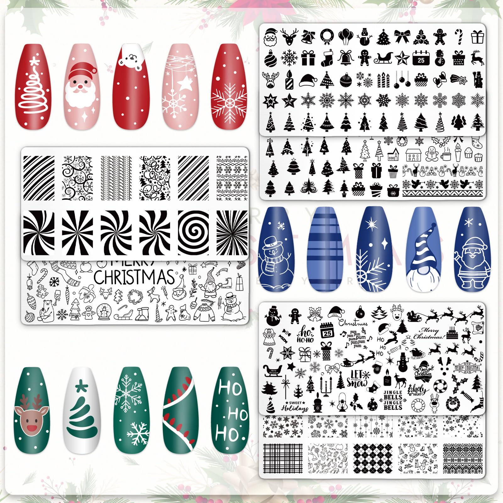 Whaline 6Pcs Christmas Nail Plates Stamping Set Xmas Tree Snowflake Snowman Stamp Templates Nail Art Plates For Winter Diy Print
