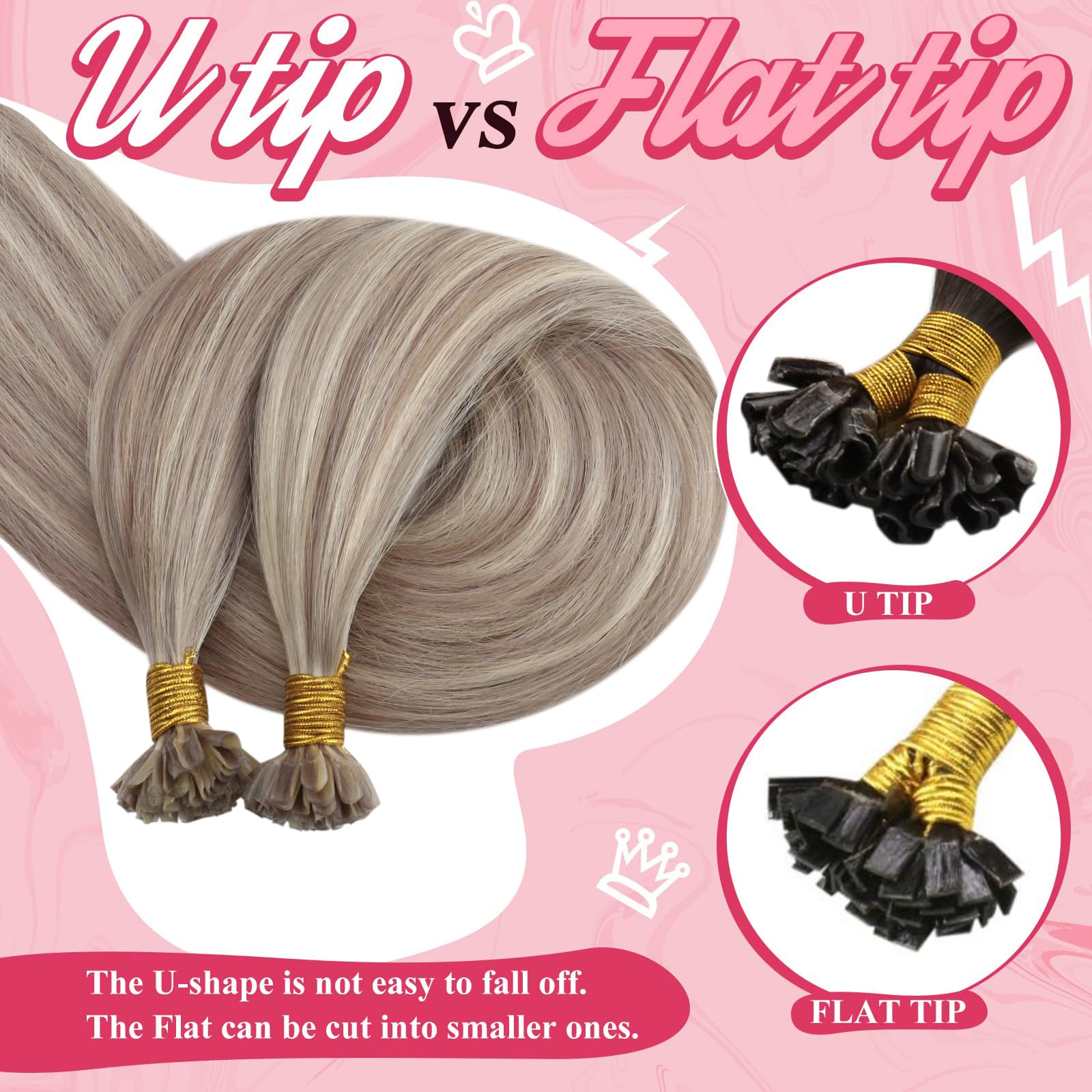 [Long]Sunny U Tips Hair Extensions Human Hair Highlight Blonde Keratin Hair Extensions Ash Blonde Highlights Bleach Blonde U Tip