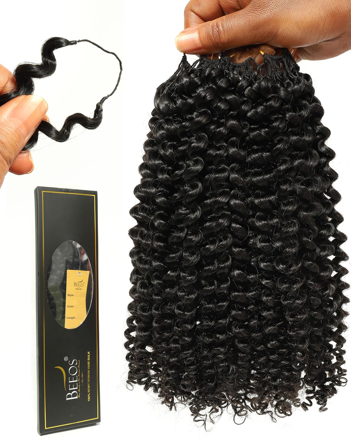 BEEOS Crochet Human Hair Kinky Curly 160g, Pre-Separated Invisible String Human Crochet Hair for Women, Detangle Easily and Reus