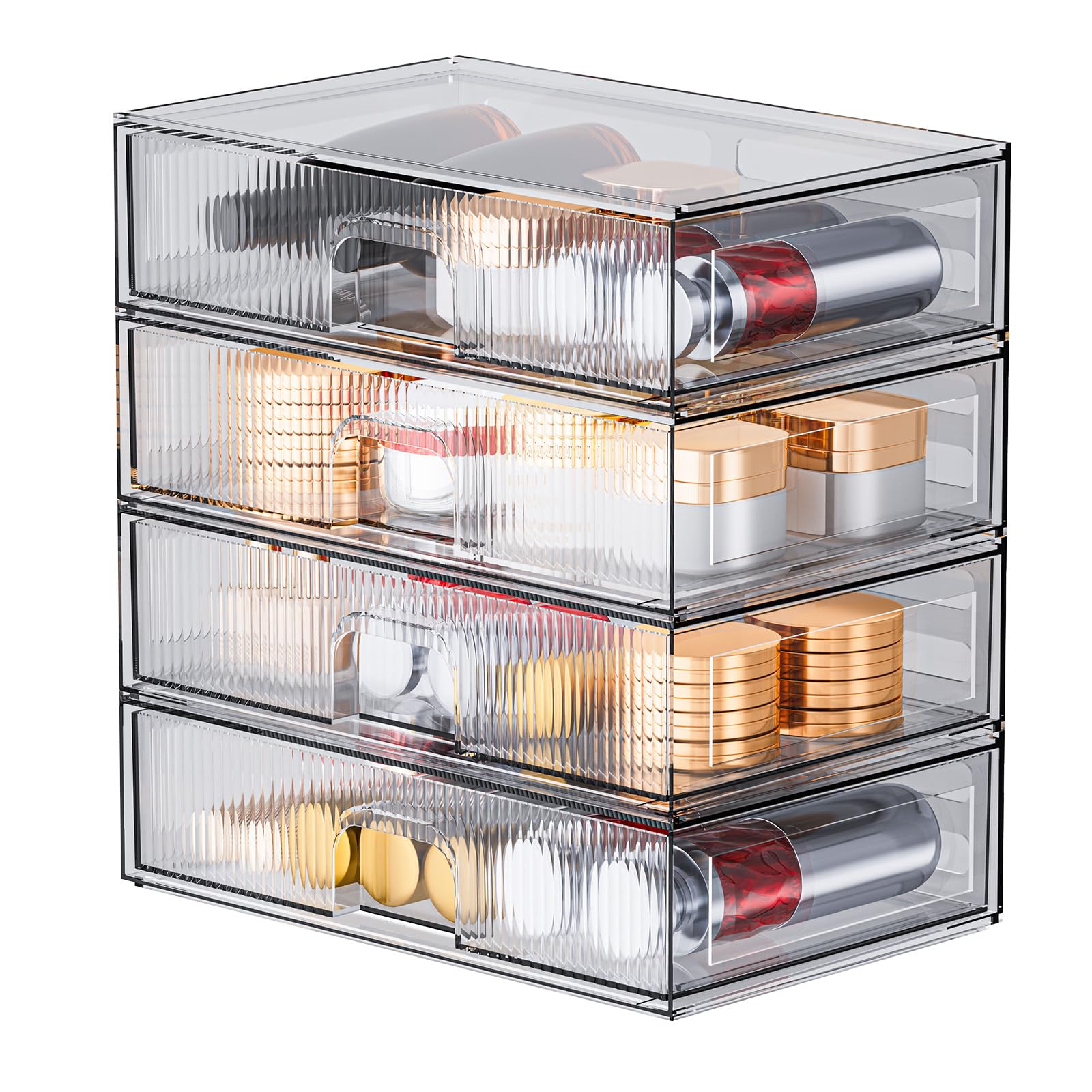 Zhiai Stackable Storage Drawer, 4 Piece Acrylic Organiser For Cosmetics And Beauty Products, Suitable For Dressers, Bathrooms, C